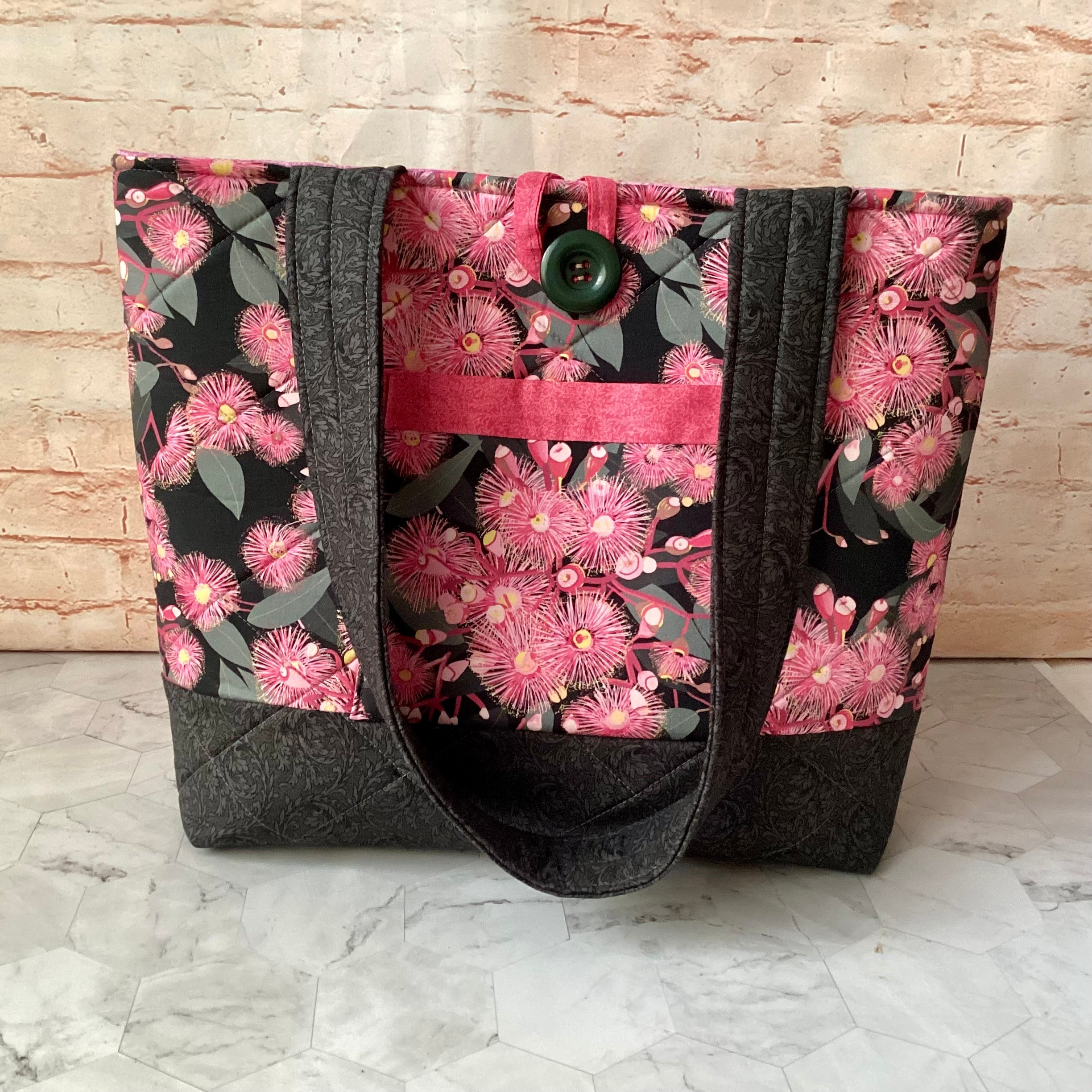 Flowering Gum blossom Floral Tote Bag: Handmade, quilted cotton shoulder bag with pockets
