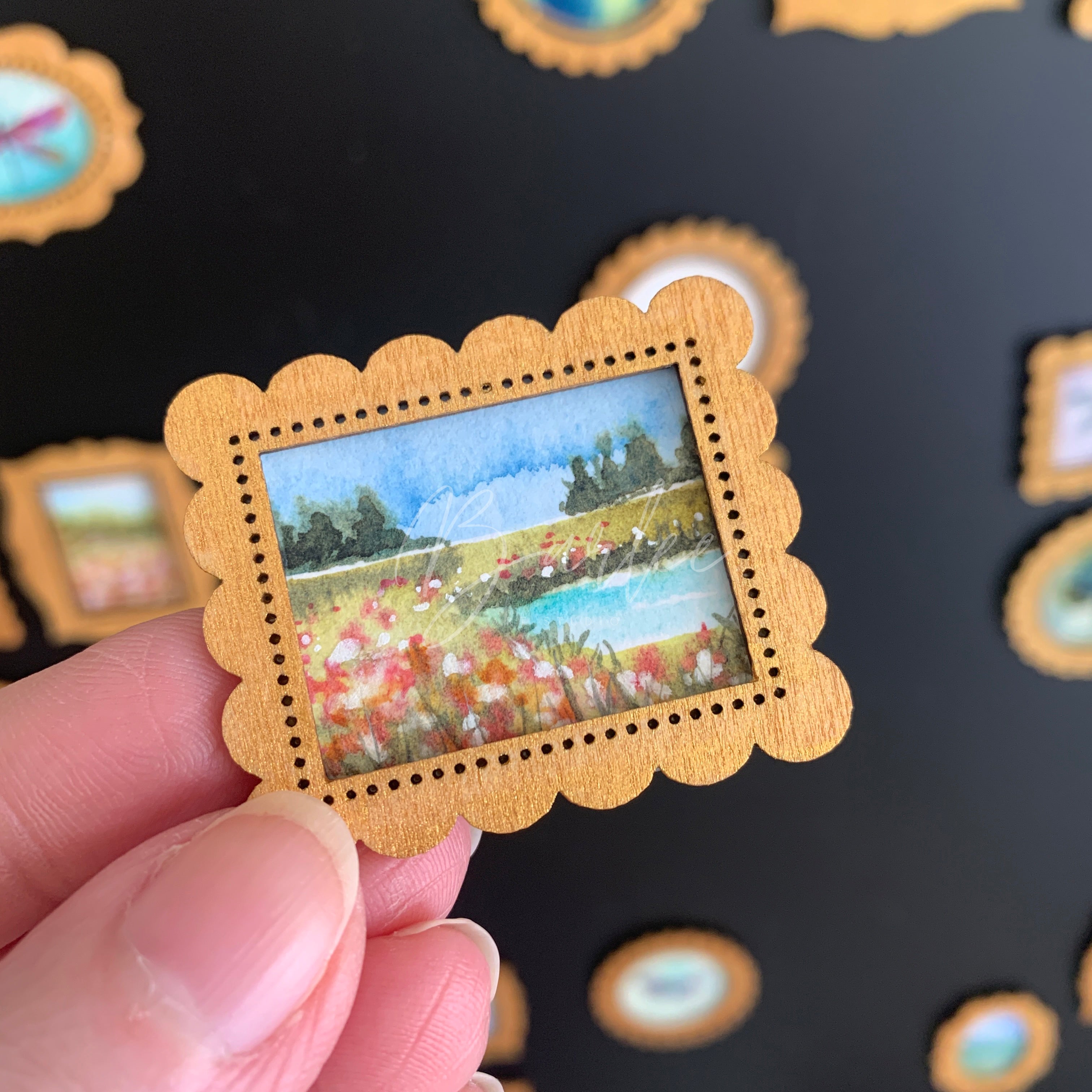 Hand Painted Fridge Magnet Set - 4 Framed Mini Paintings