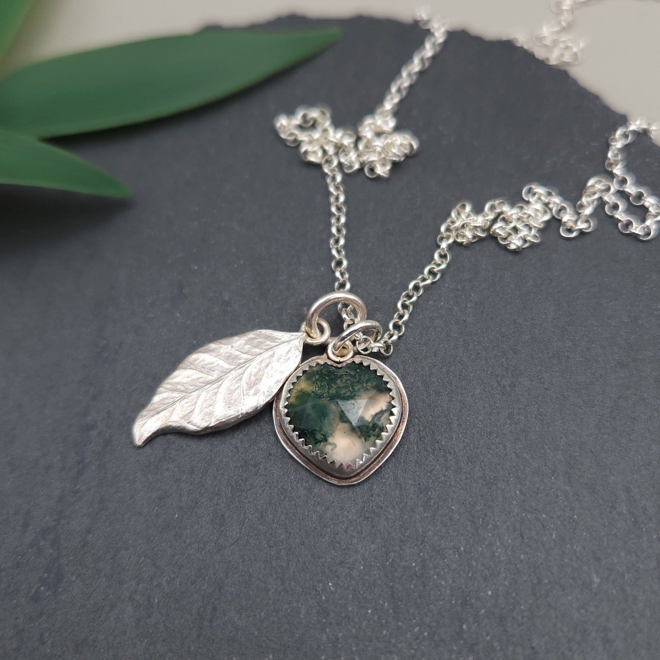 Twin pendants - silver leaf & moss agate heart