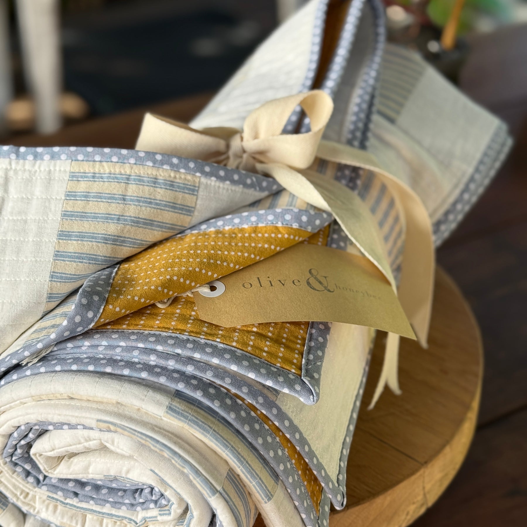 Coastal Calm Quilt - Cream, Blue & Mustard Geometric design