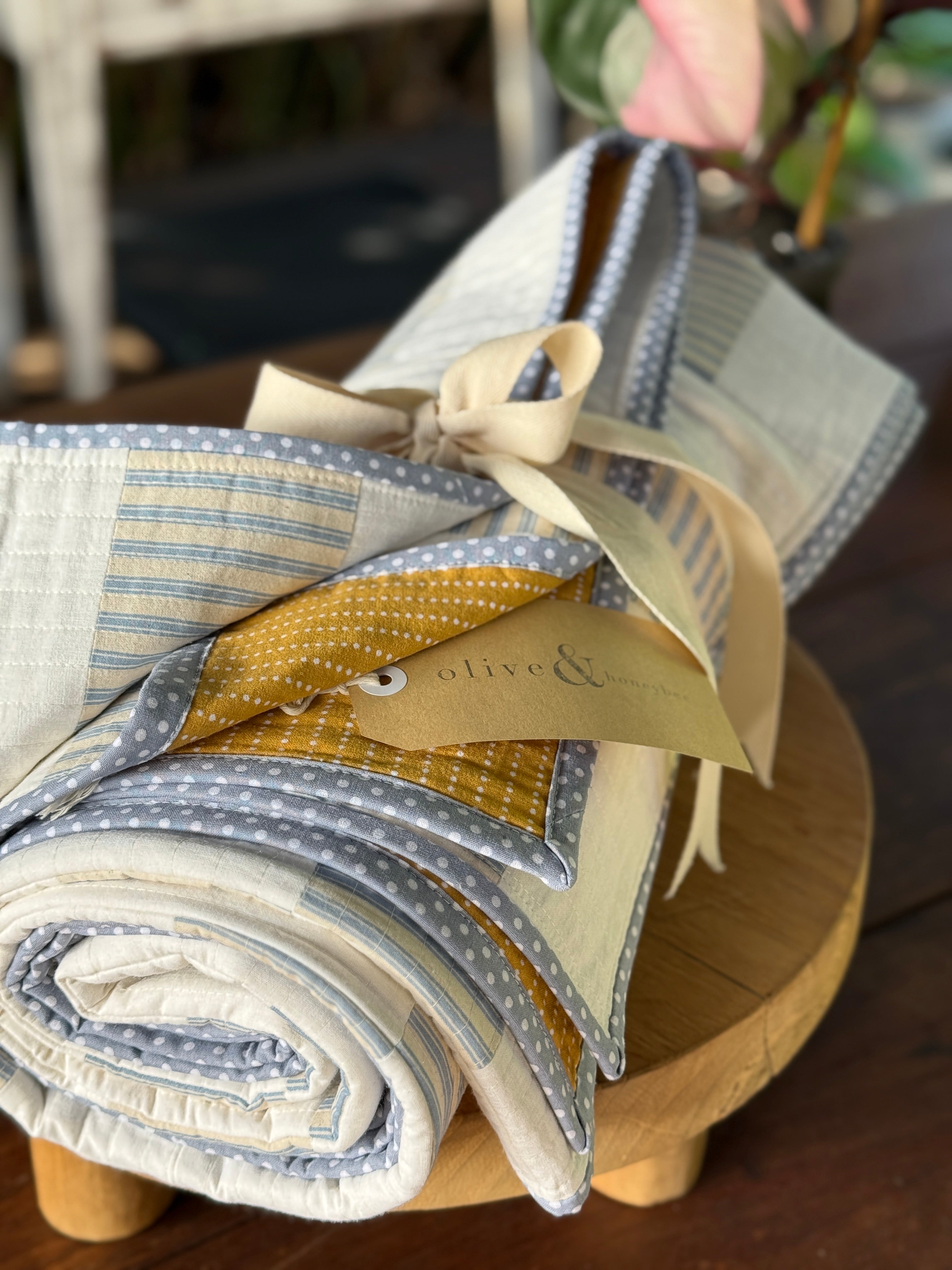 Coastal Calm Quilt - Cream, Blue & Mustard Geometric design