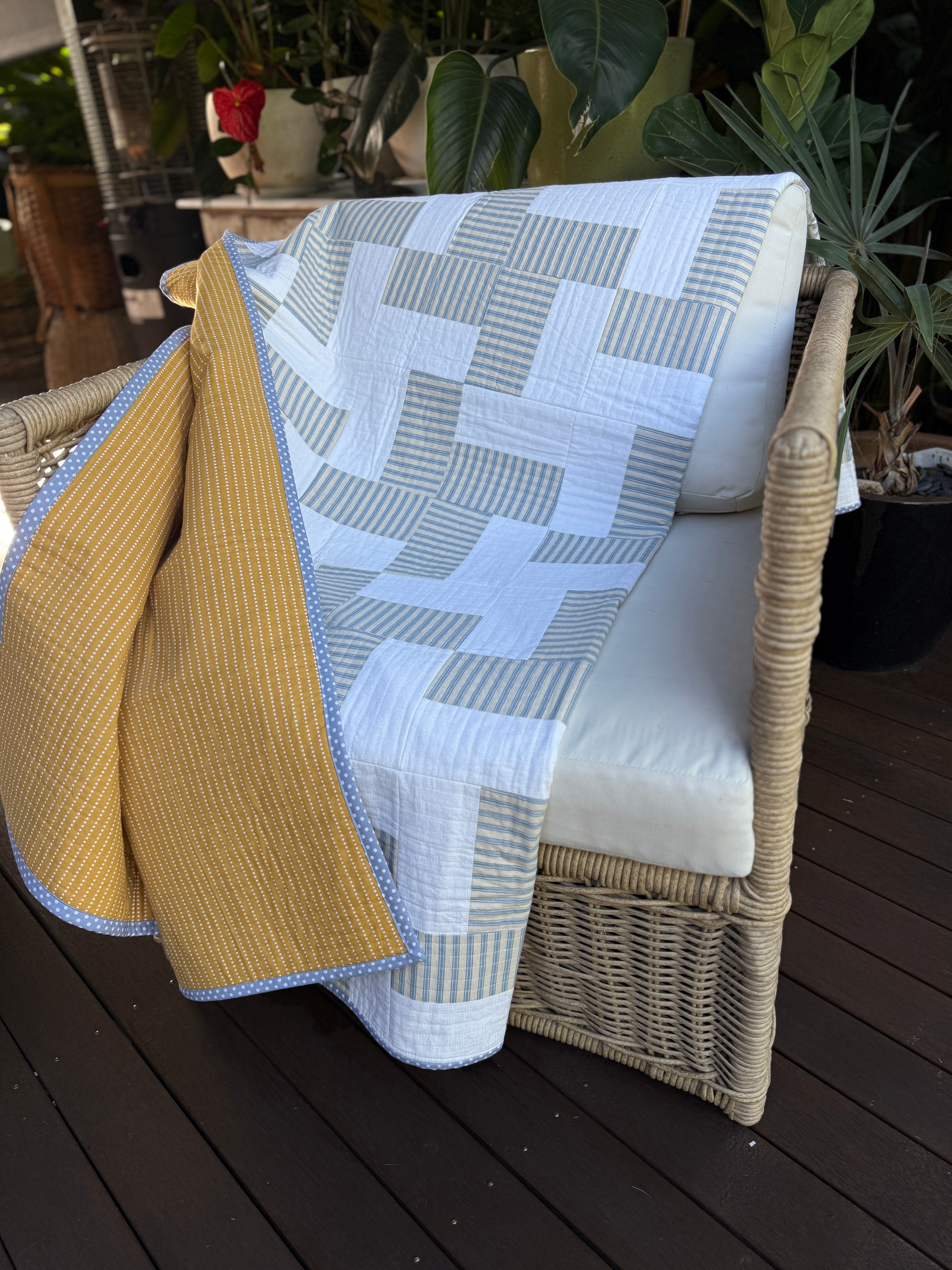 Coastal Calm Quilt - Cream, Blue & Mustard Geometric design