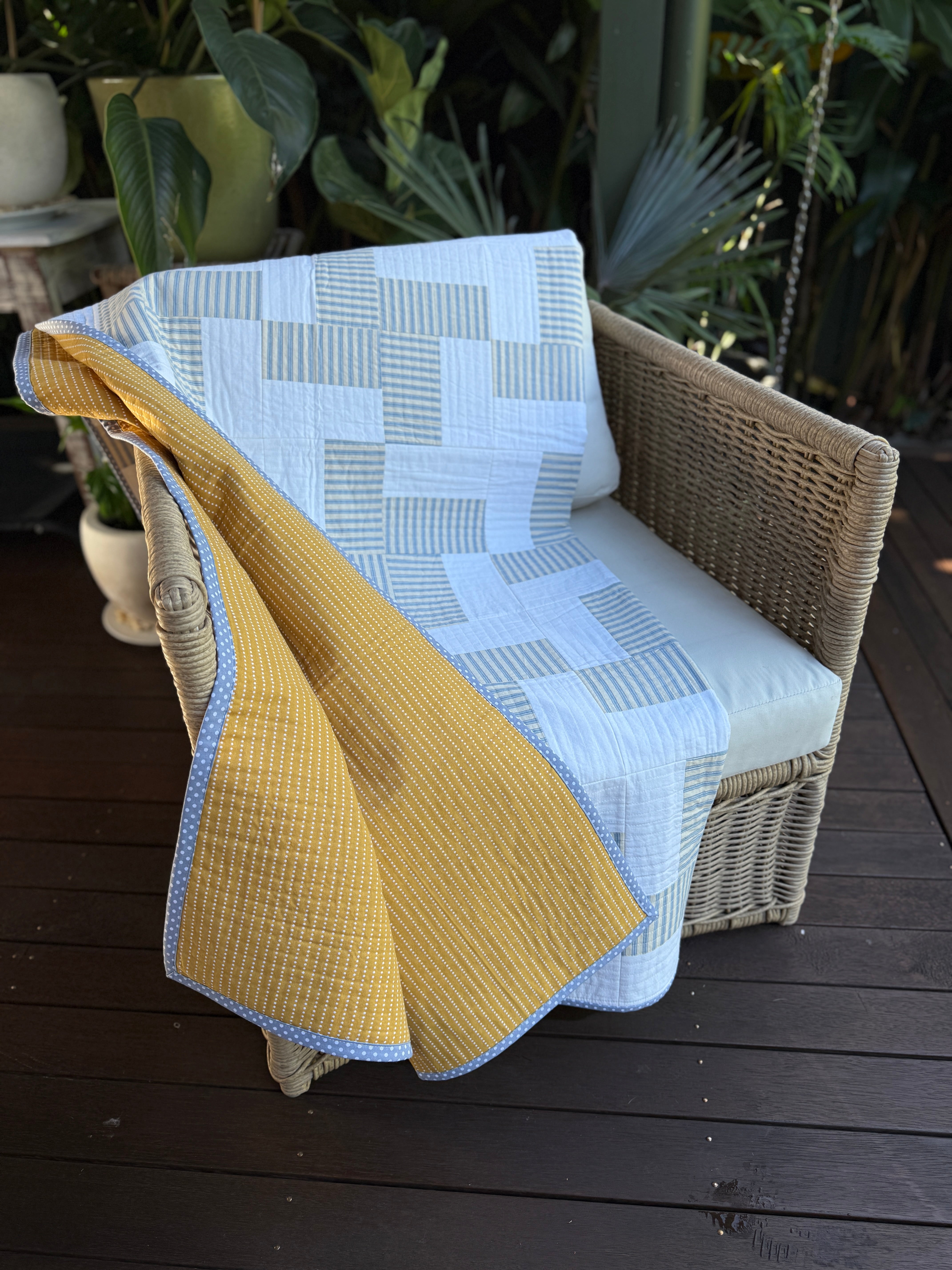 Coastal Calm Quilt - Cream, Blue & Mustard Geometric design