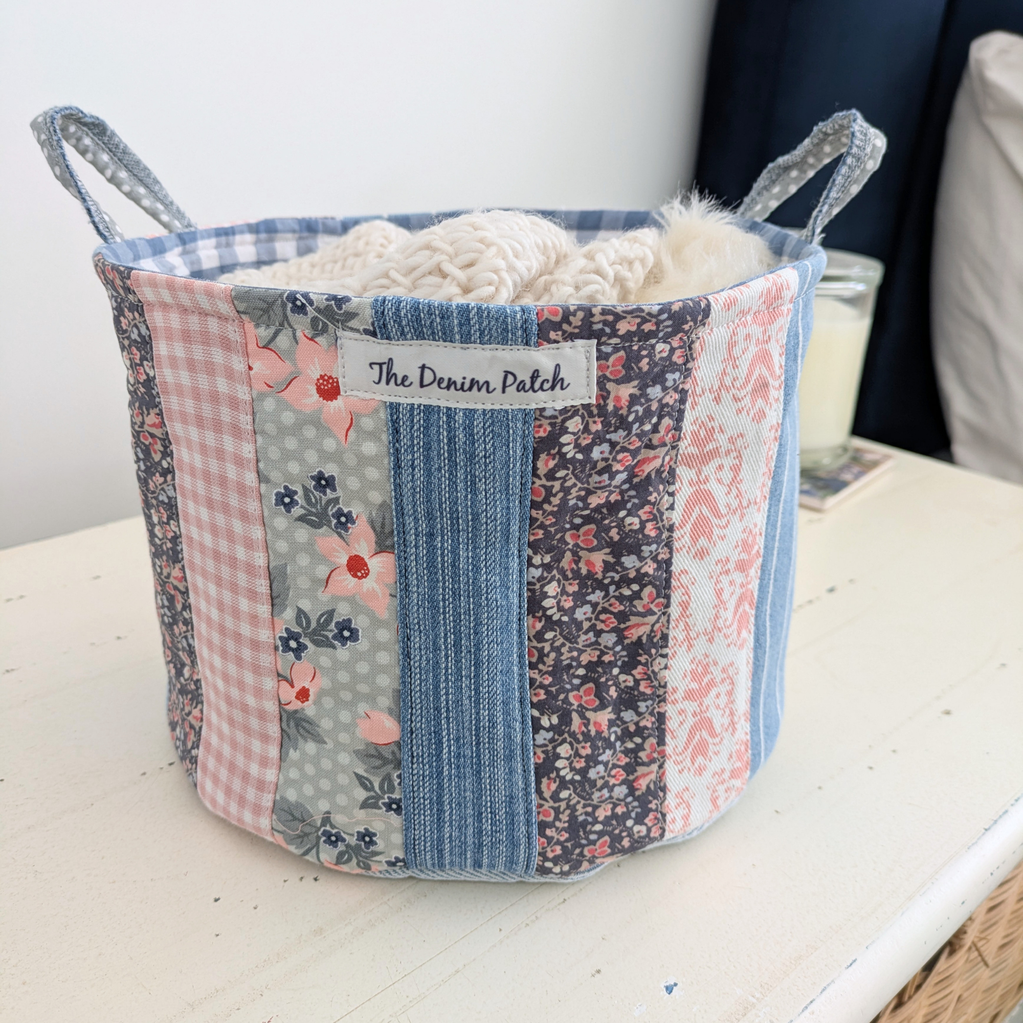Upcycled Denim, Storage Basket, Shell Pink, Blue Gingham