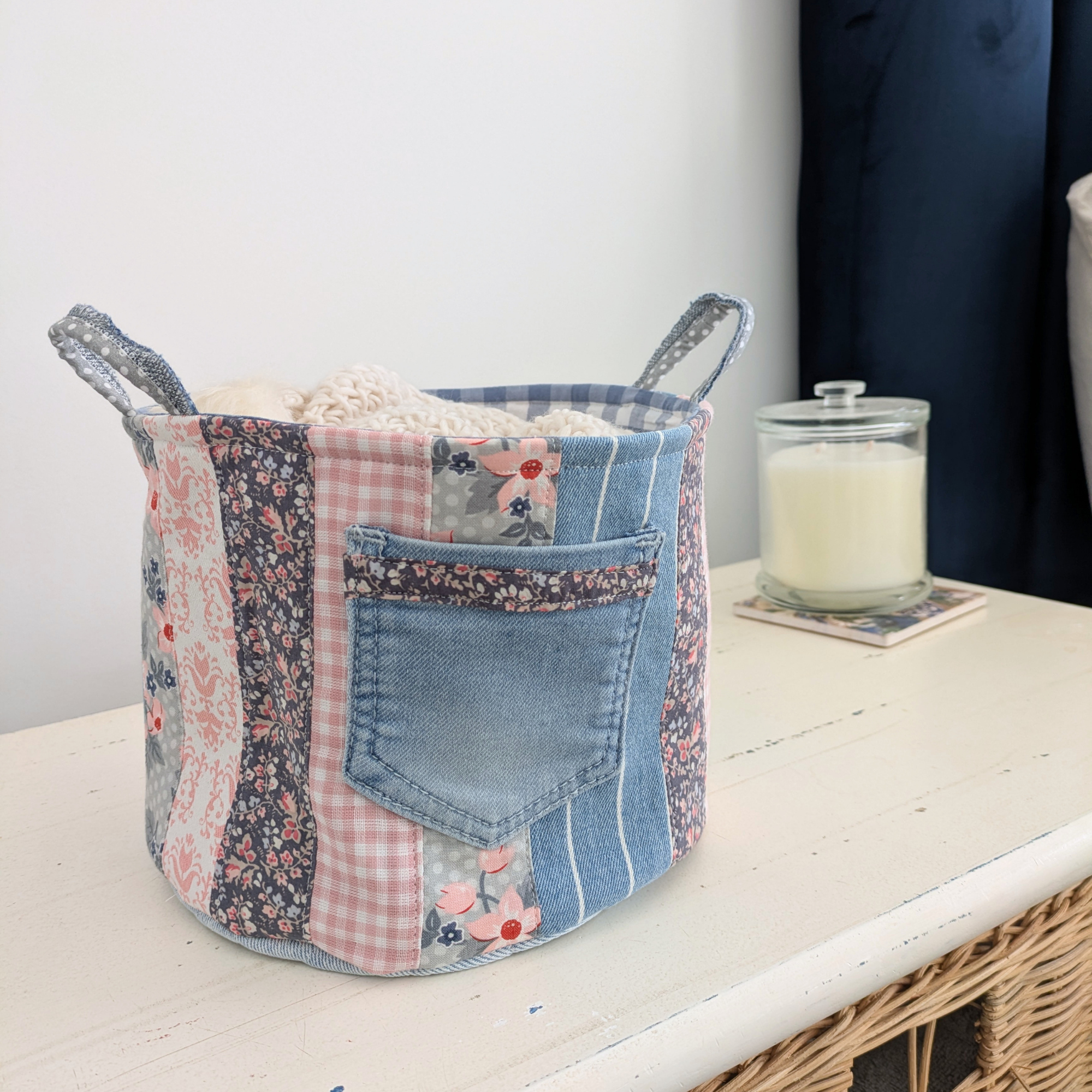 Upcycled Denim, Storage Basket, Shell Pink, Blue Gingham