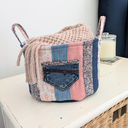 Upcycled Denim, Storage Basket, Shell Pink, Blue Gingham