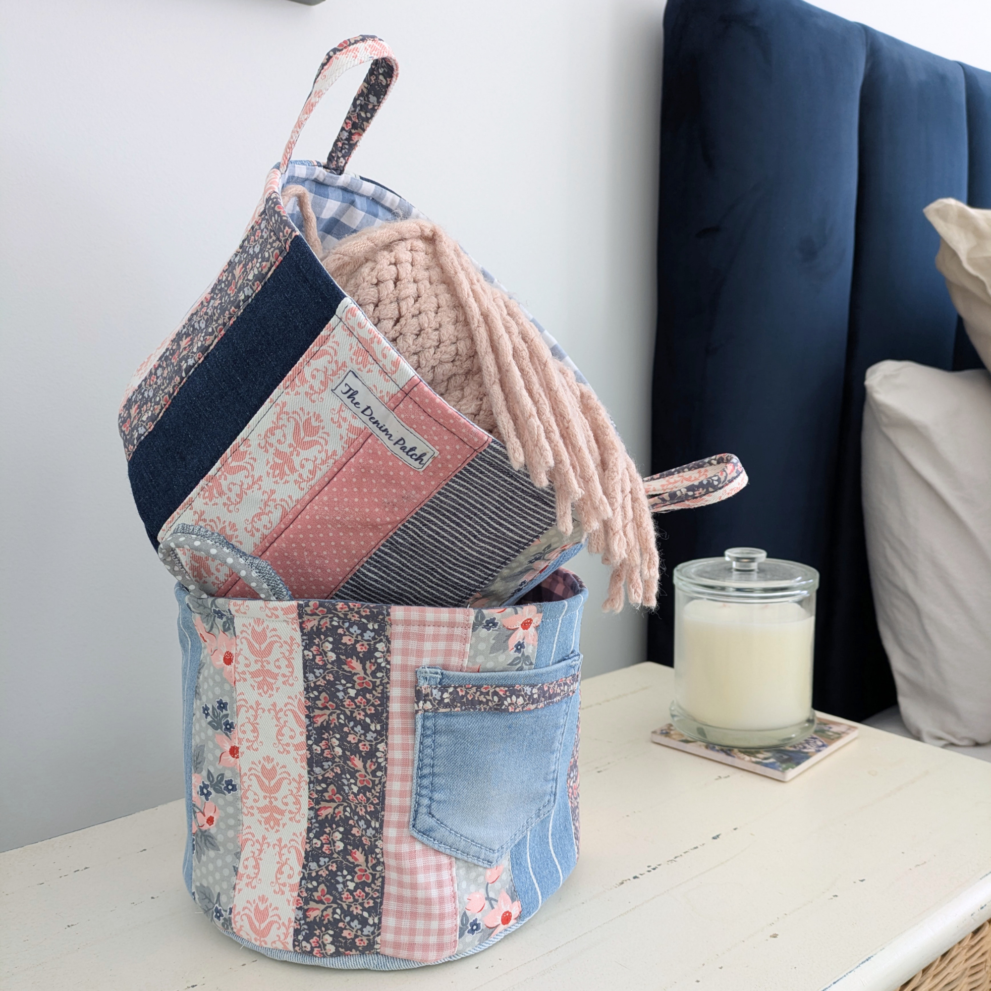 Upcycled Denim, Storage Basket, Shell Pink, Blue Gingham