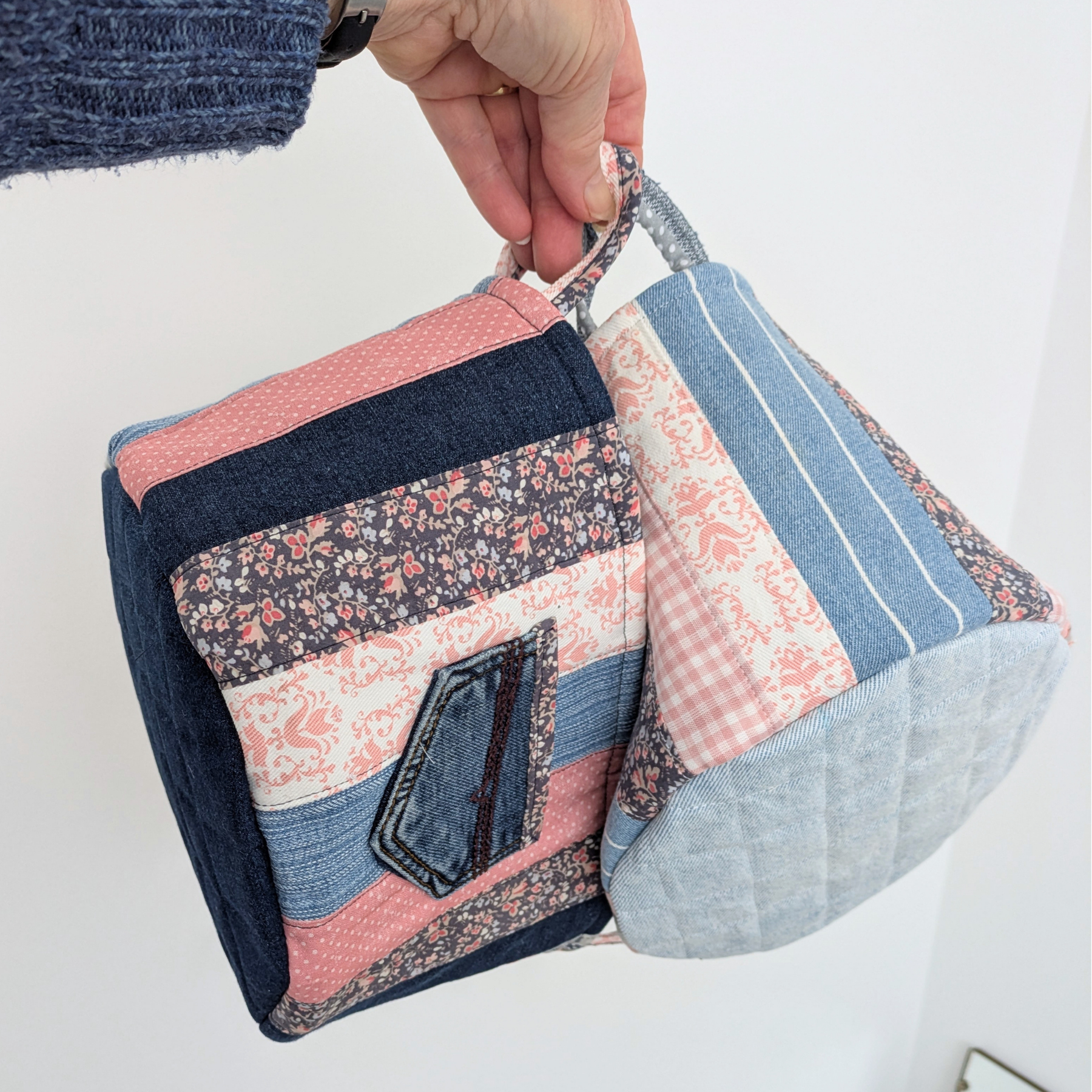 Upcycled Denim, Storage Basket, Shell Pink, Blue Gingham
