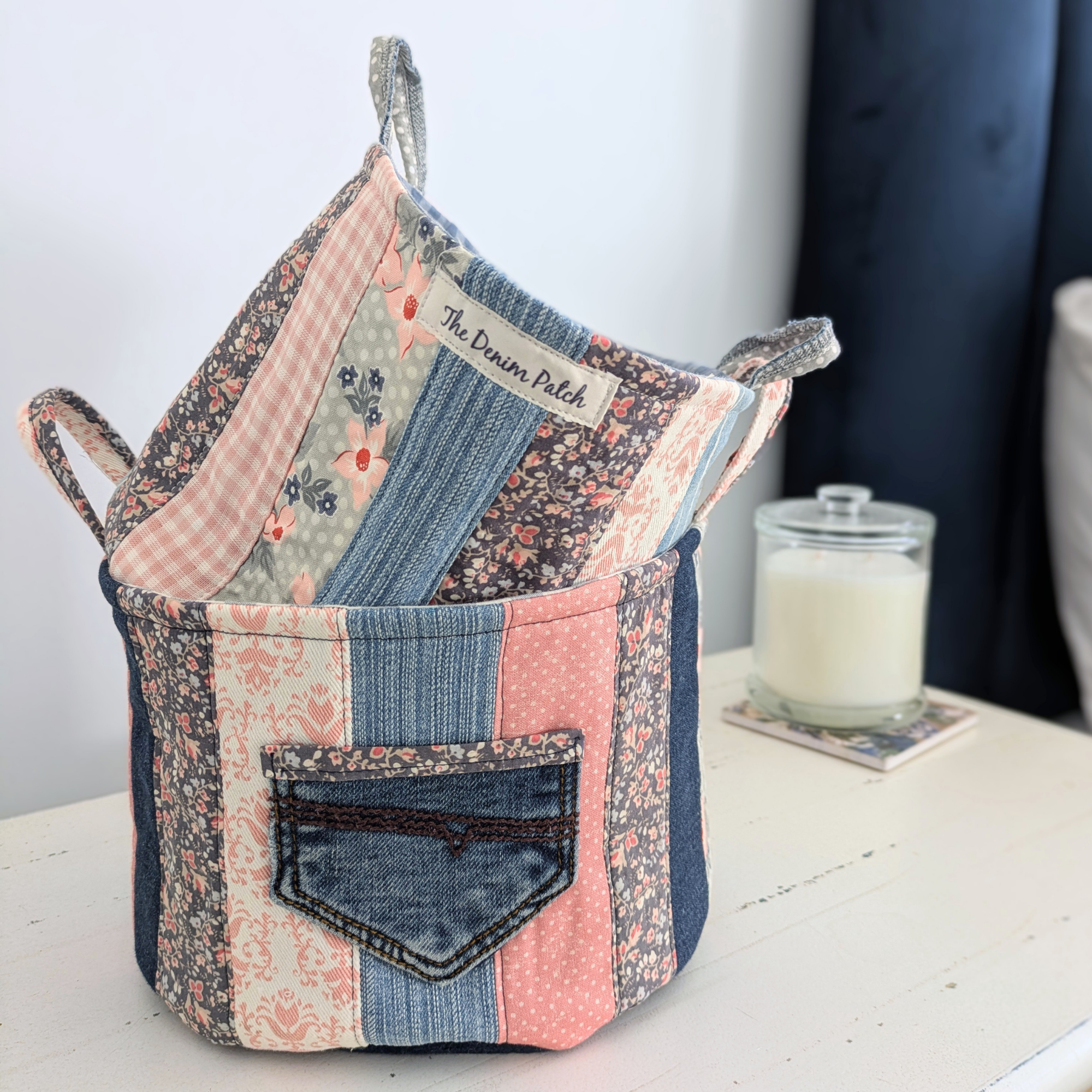 Upcycled Denim, Storage Basket, Shell Pink, Blue Gingham