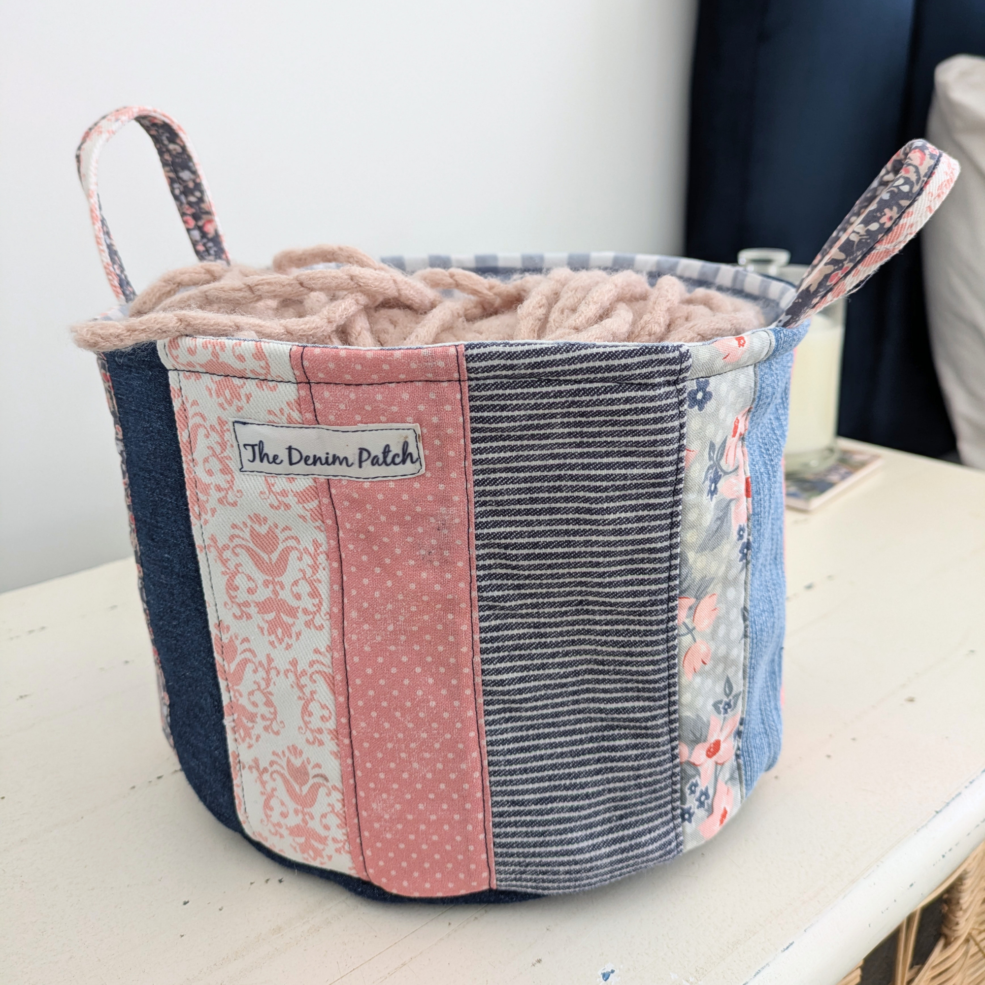 Upcycled Denim, Storage Basket, Shell Pink, Blue Gingham