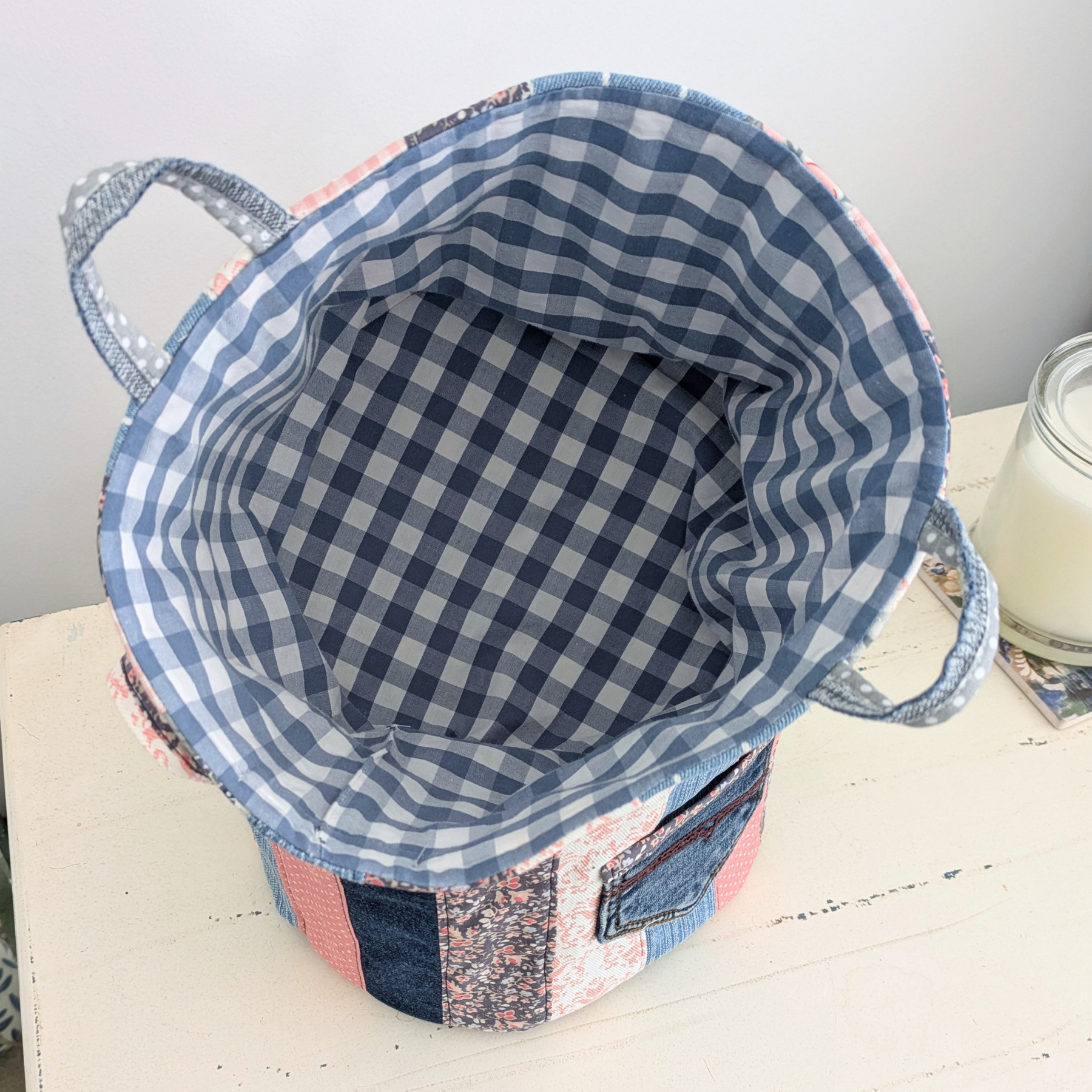 Upcycled Denim, Storage Basket, Shell Pink, Blue Gingham