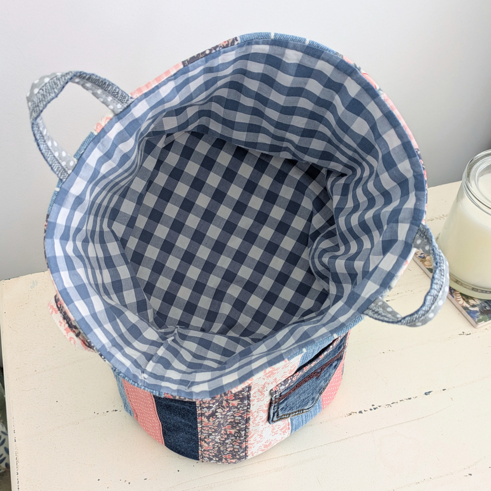 Upcycled Denim, Storage Basket, Shell Pink, Blue Gingham