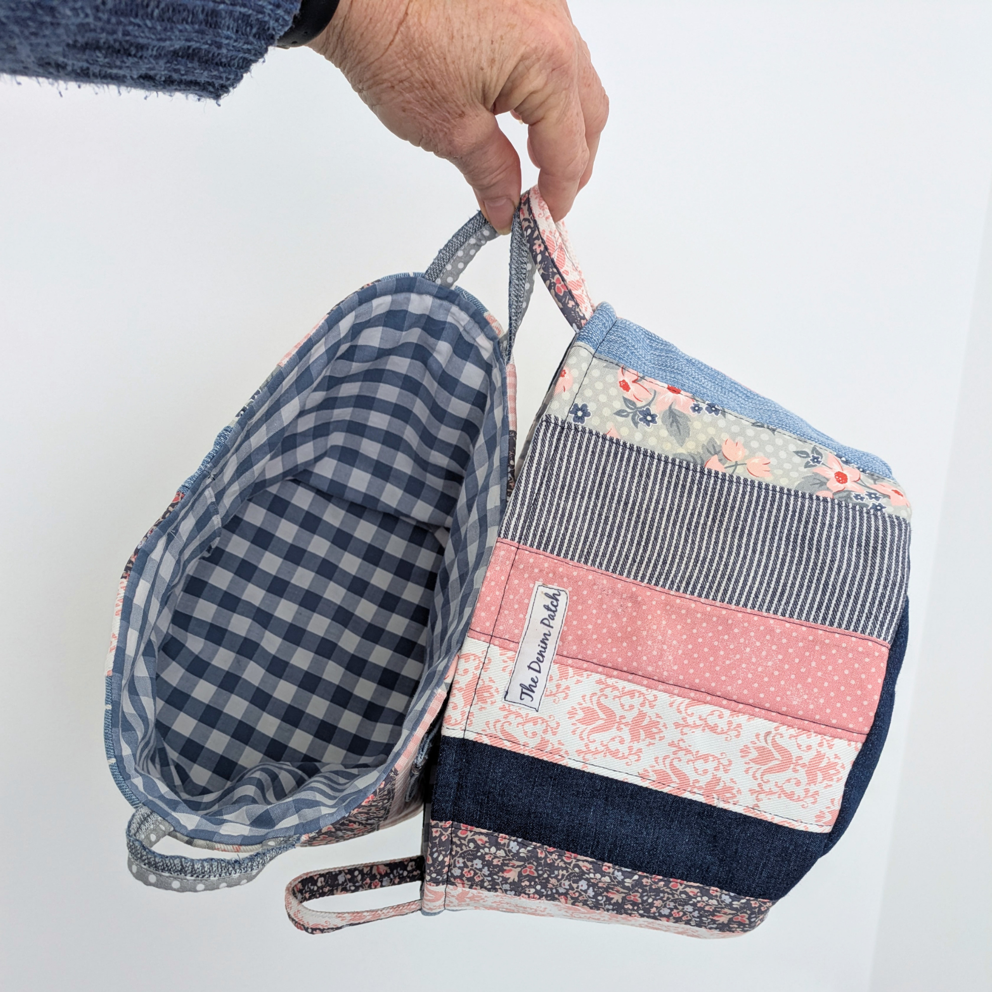 Upcycled Denim, Storage Basket, Shell Pink, Blue Gingham