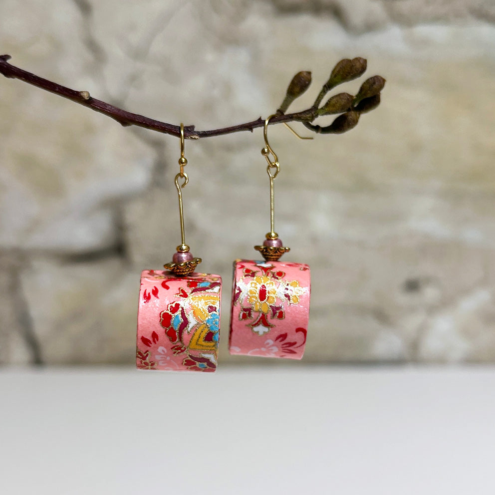 Earrings Floral Japanese Washi Paper Pink - EB-85