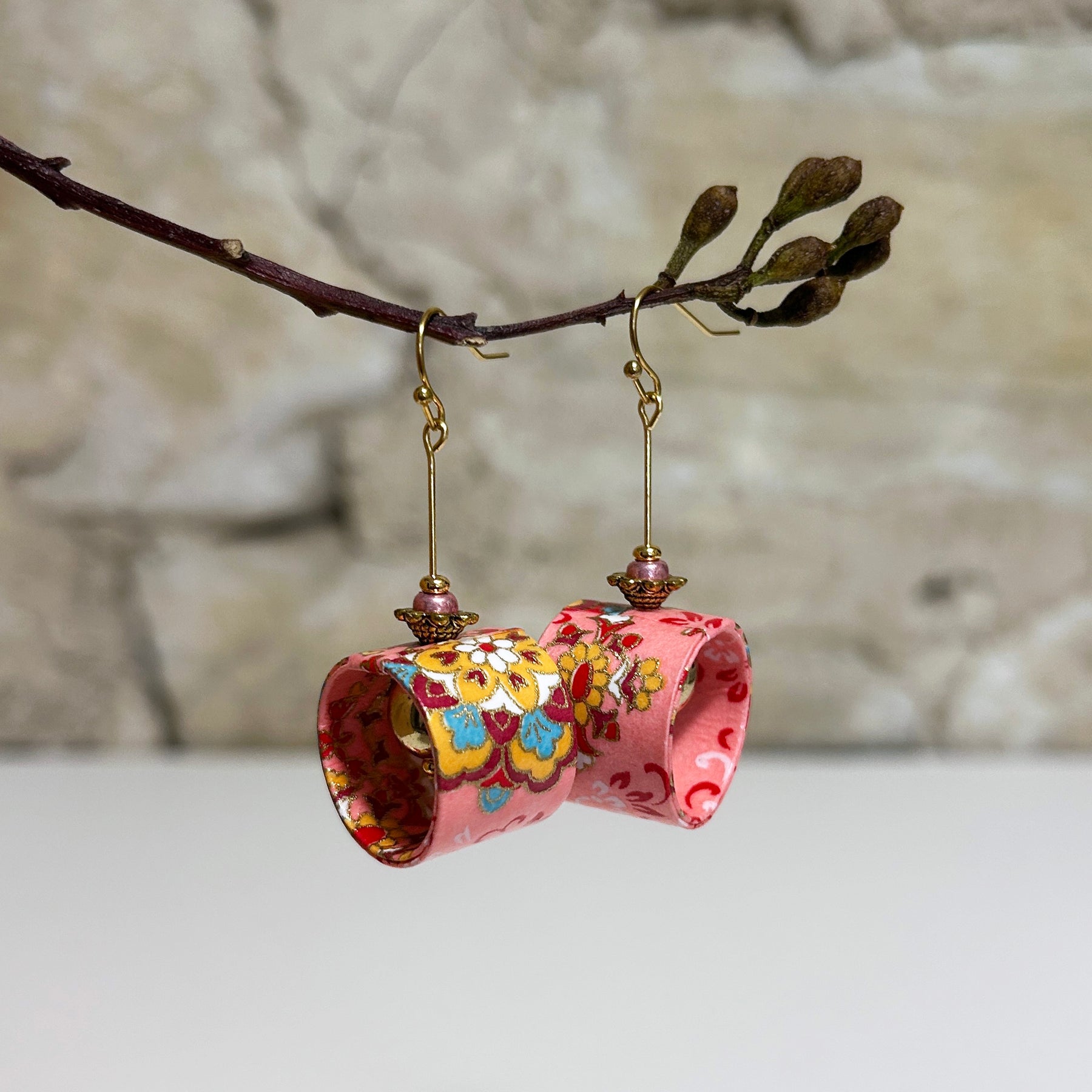 Earrings Floral Japanese Washi Paper Pink - EB-85