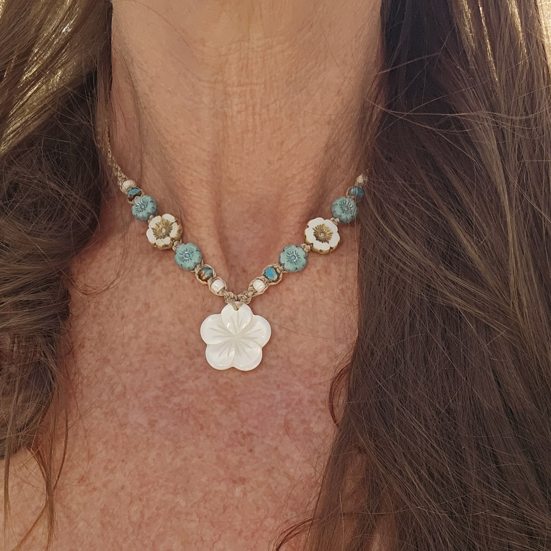 Flower Necklace with Mother of Pearl and Czech Glass Beads