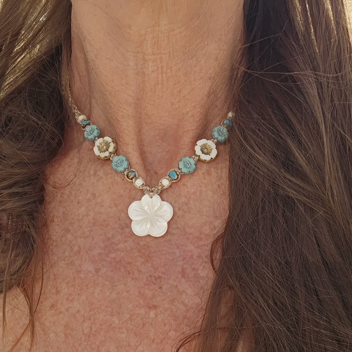 Flower Necklace with Mother of Pearl and Czech Glass Beads