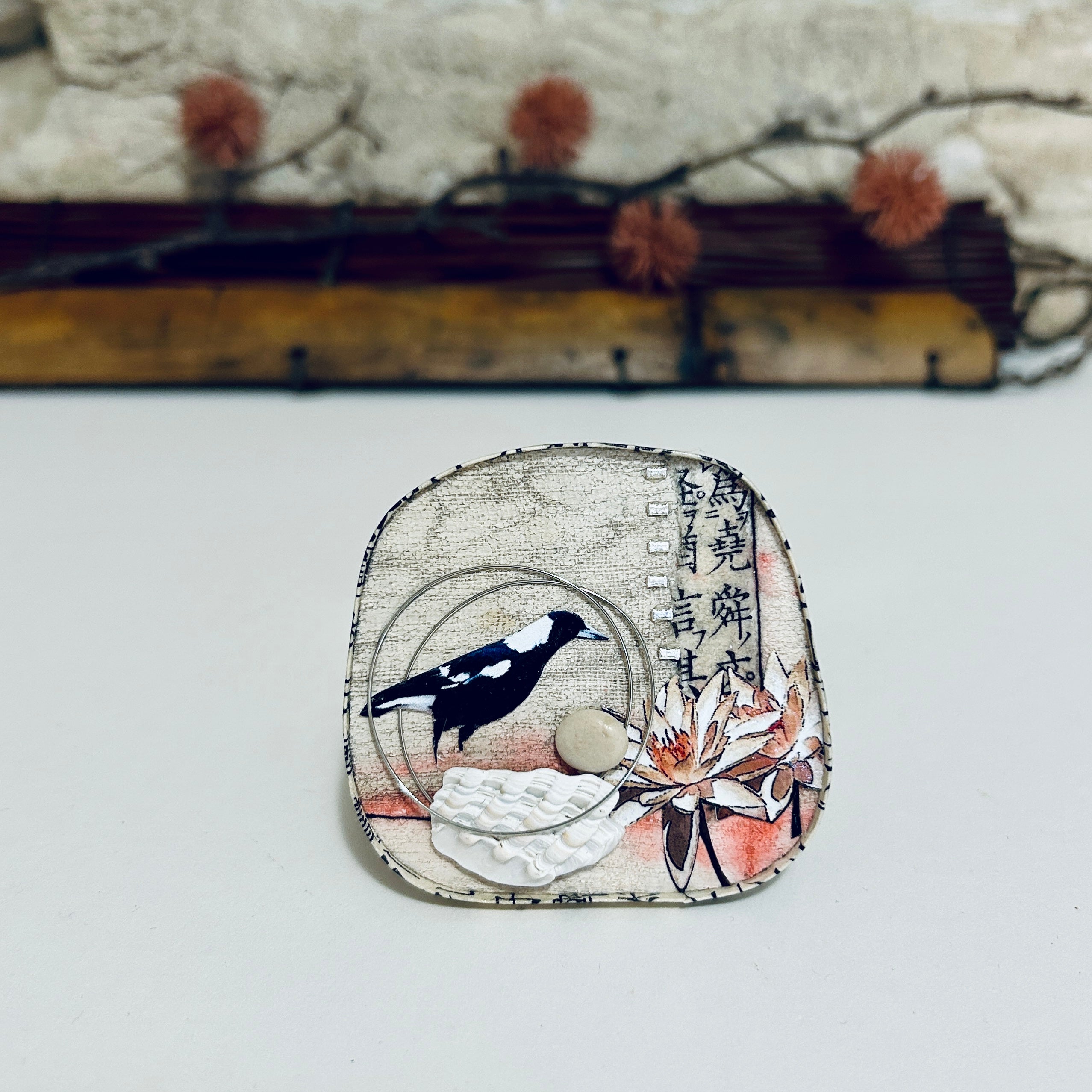 Miniature Magpie Art Pendant Necklace Brooch-6cm x 6.5cm