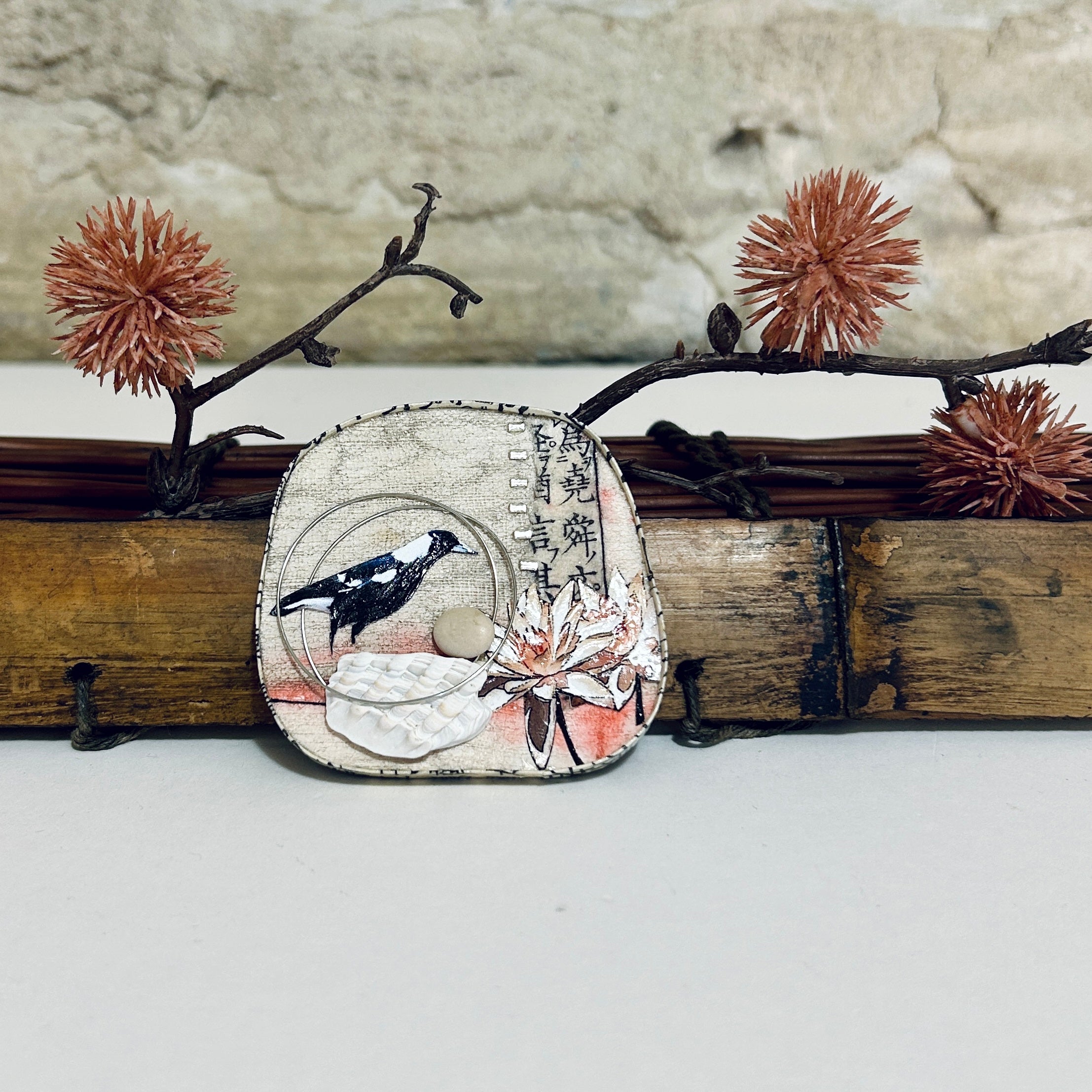 Miniature Magpie Art Pendant Necklace Brooch-6cm x 6.5cm