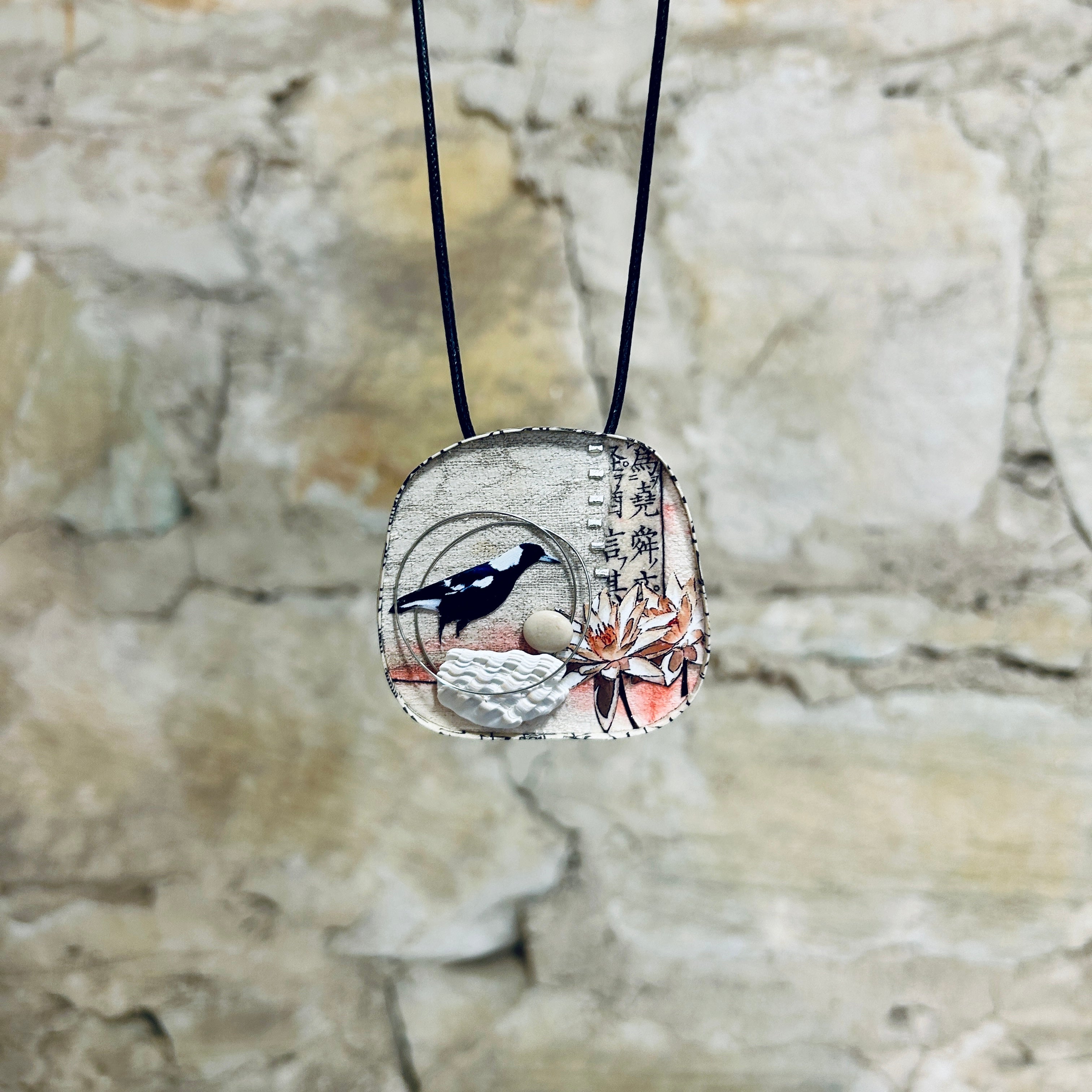 Miniature Magpie Art Pendant Necklace Brooch-6cm x 6.5cm