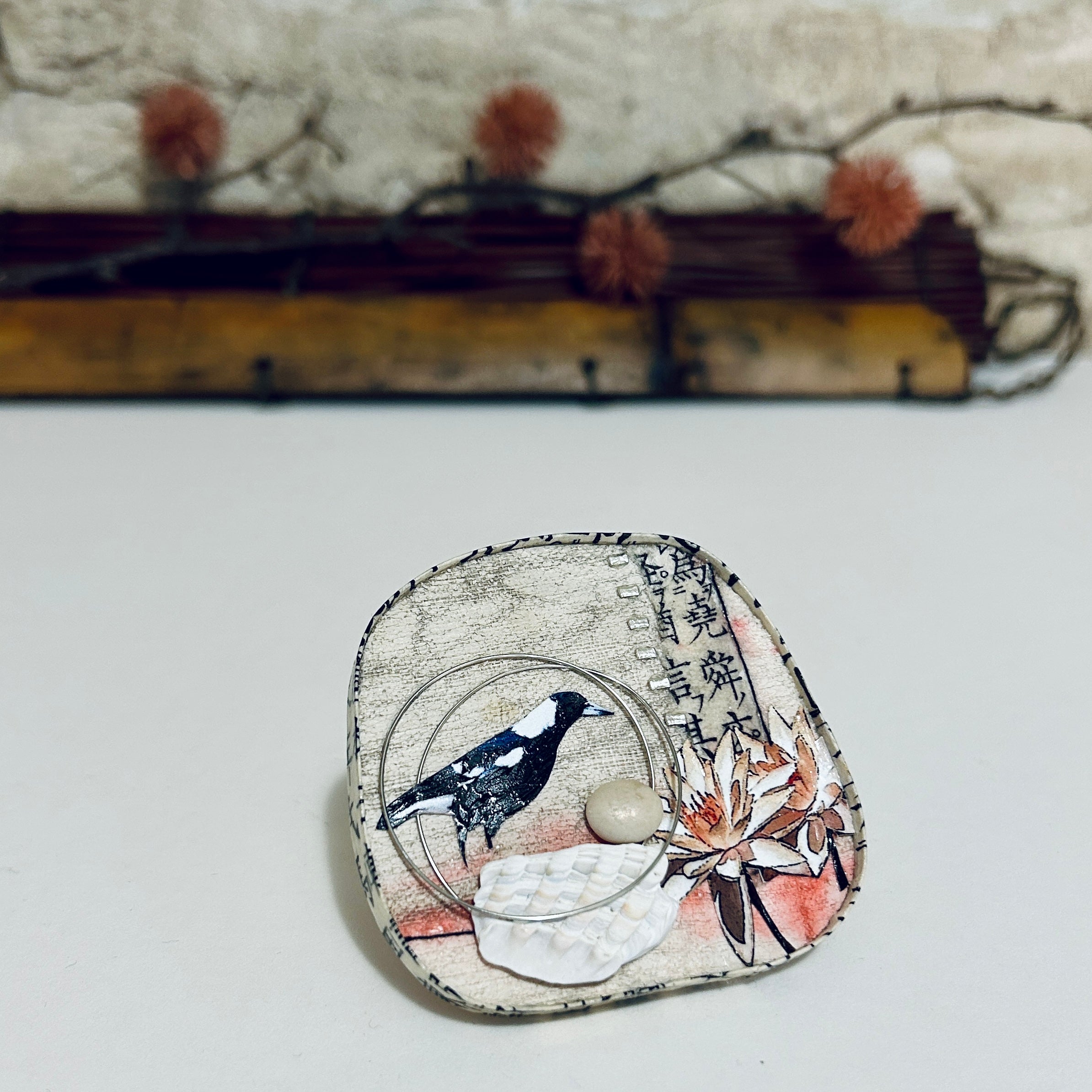 Miniature Magpie Art Pendant Necklace Brooch-6cm x 6.5cm