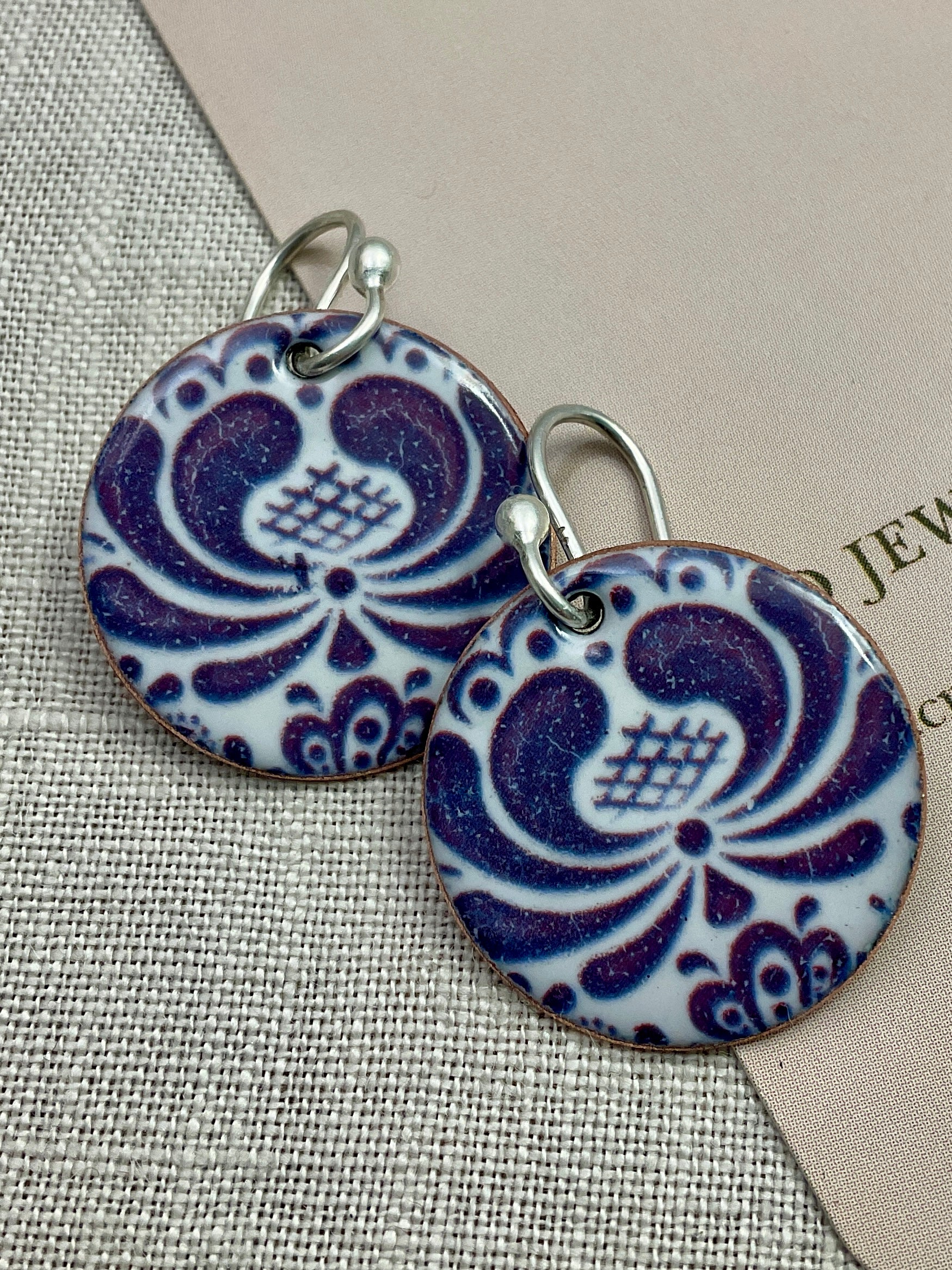 Blue floral design enamel earrings. Handmade