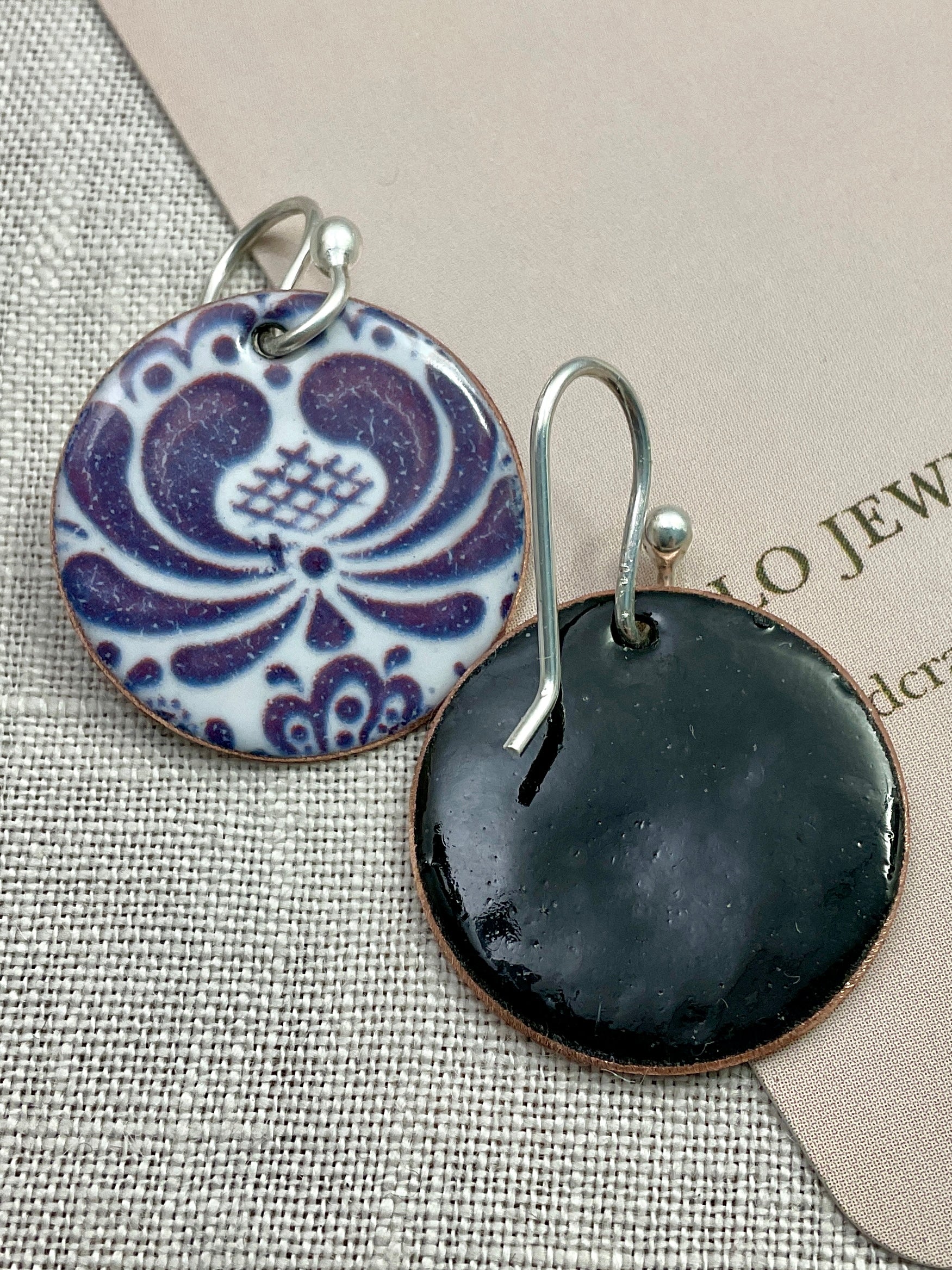 Blue floral design enamel earrings. Handmade