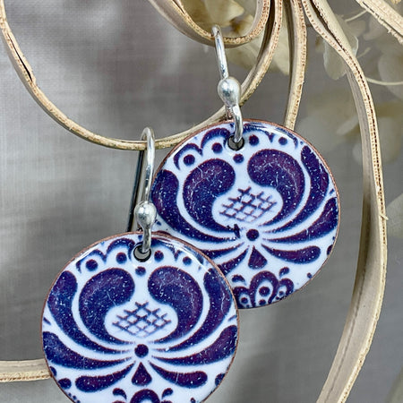 Blue floral design enamel earrings. Handmade