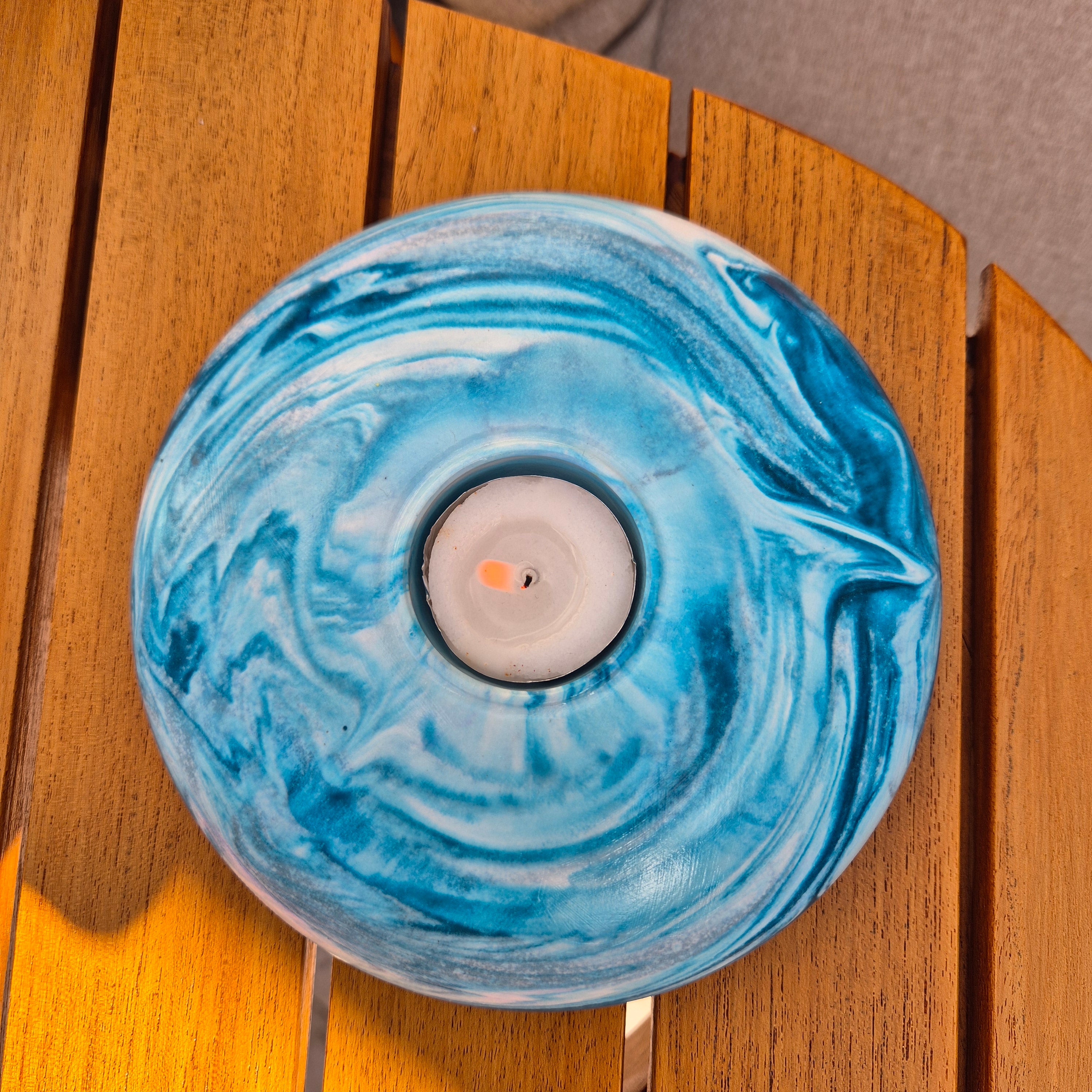 Large round concrete tealight candle holder in teal