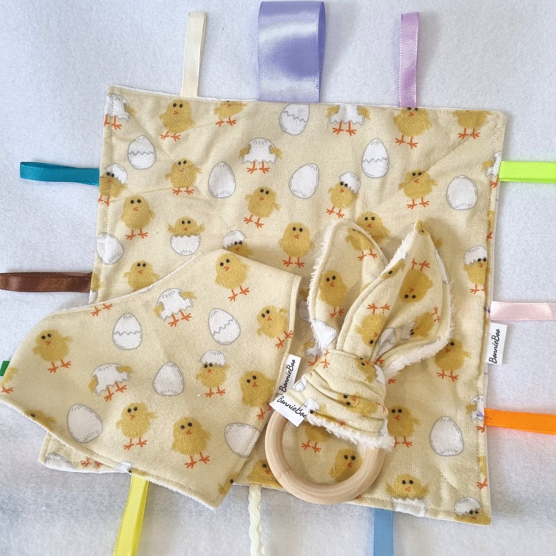 Handmade - Yellow Chicken Themed - 3 options available - Taggy, Bib and Teething Ring - BB04