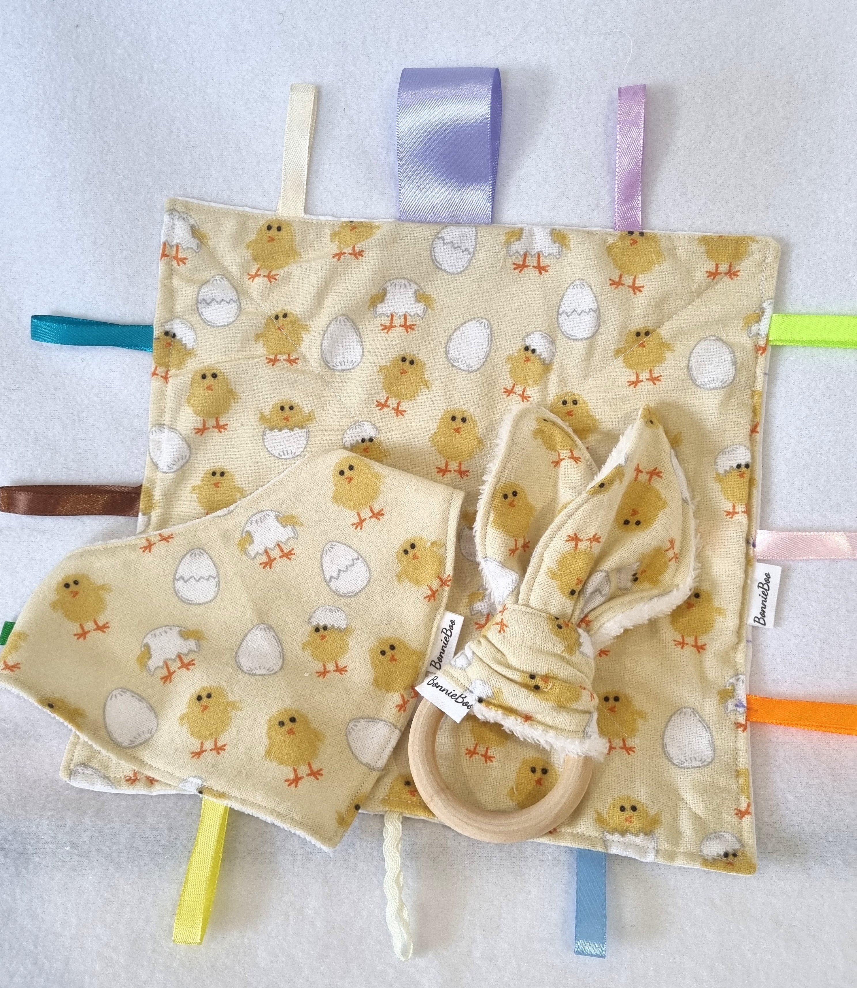 Handmade - Yellow Chicken Themed - 3 options available - Taggy, Bib and Teething Ring - BB04
