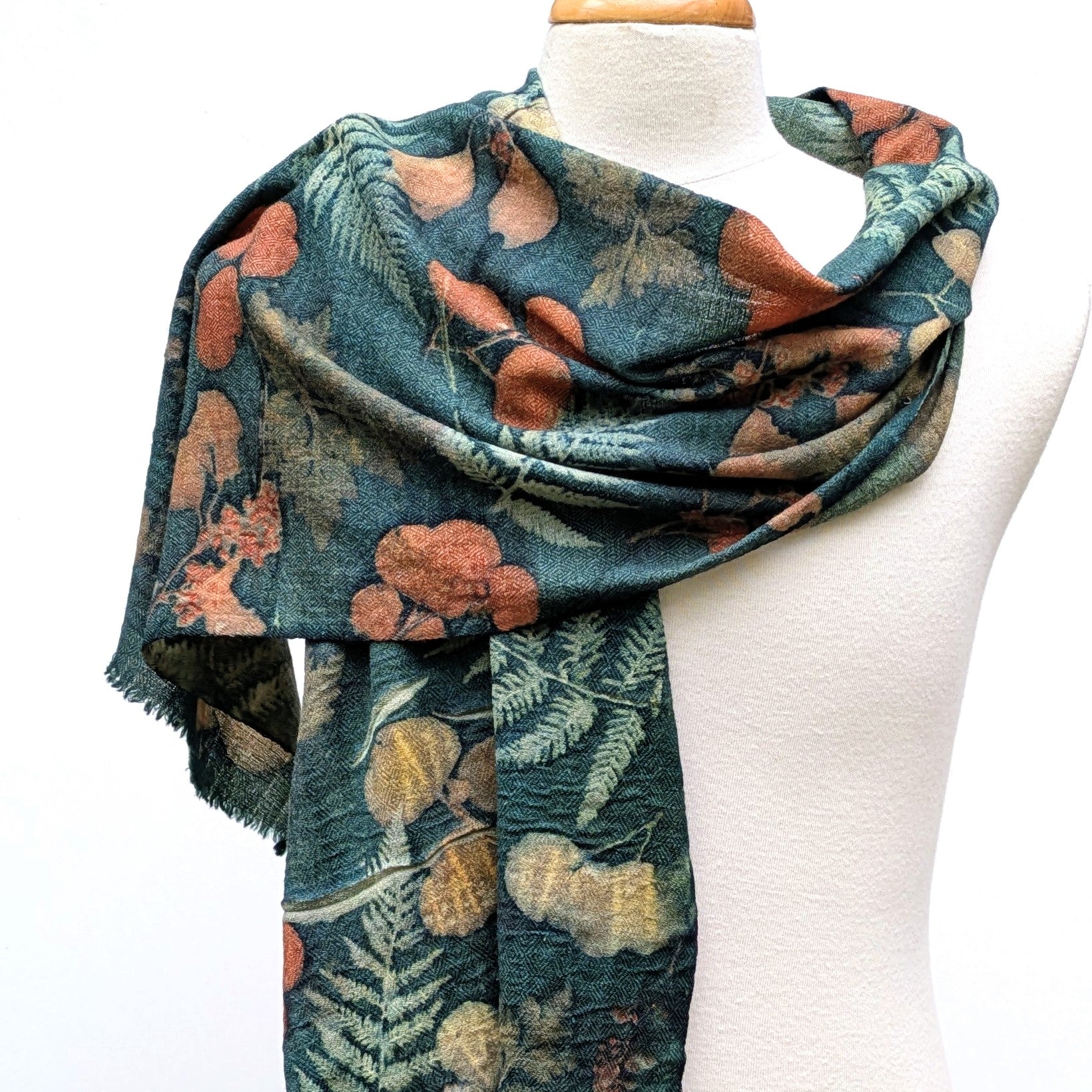 Pure wool botanical contact print scarf
