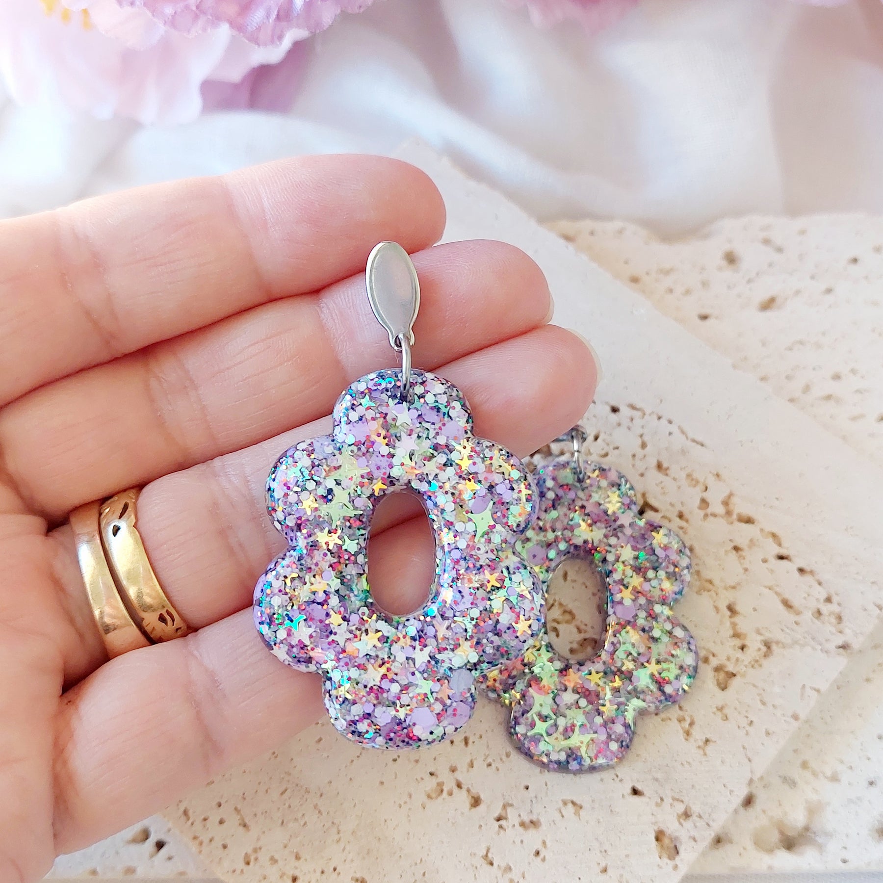 Glitter Resin Flower Dangle Earrings