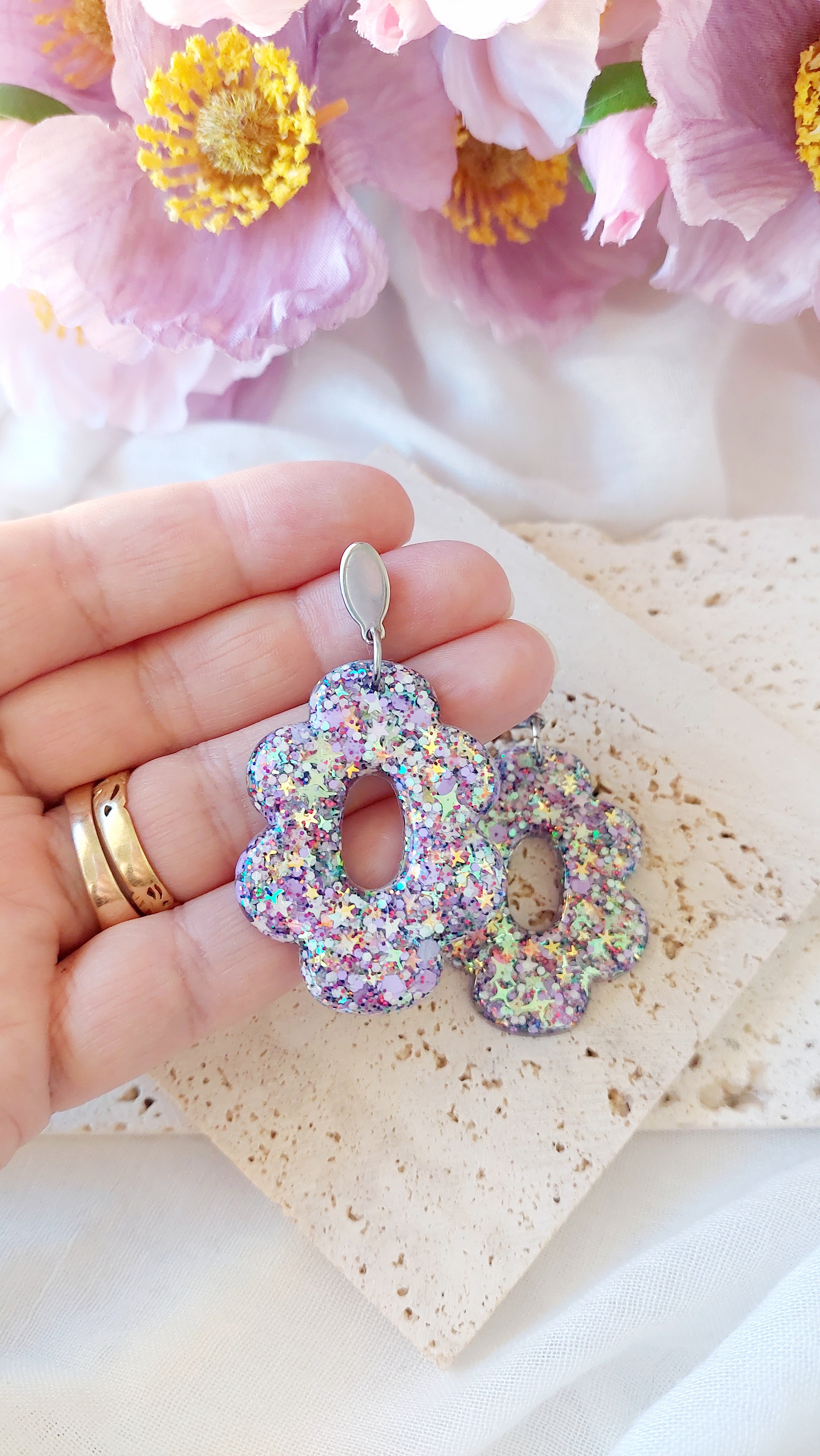 Glitter Resin Flower Dangle Earrings