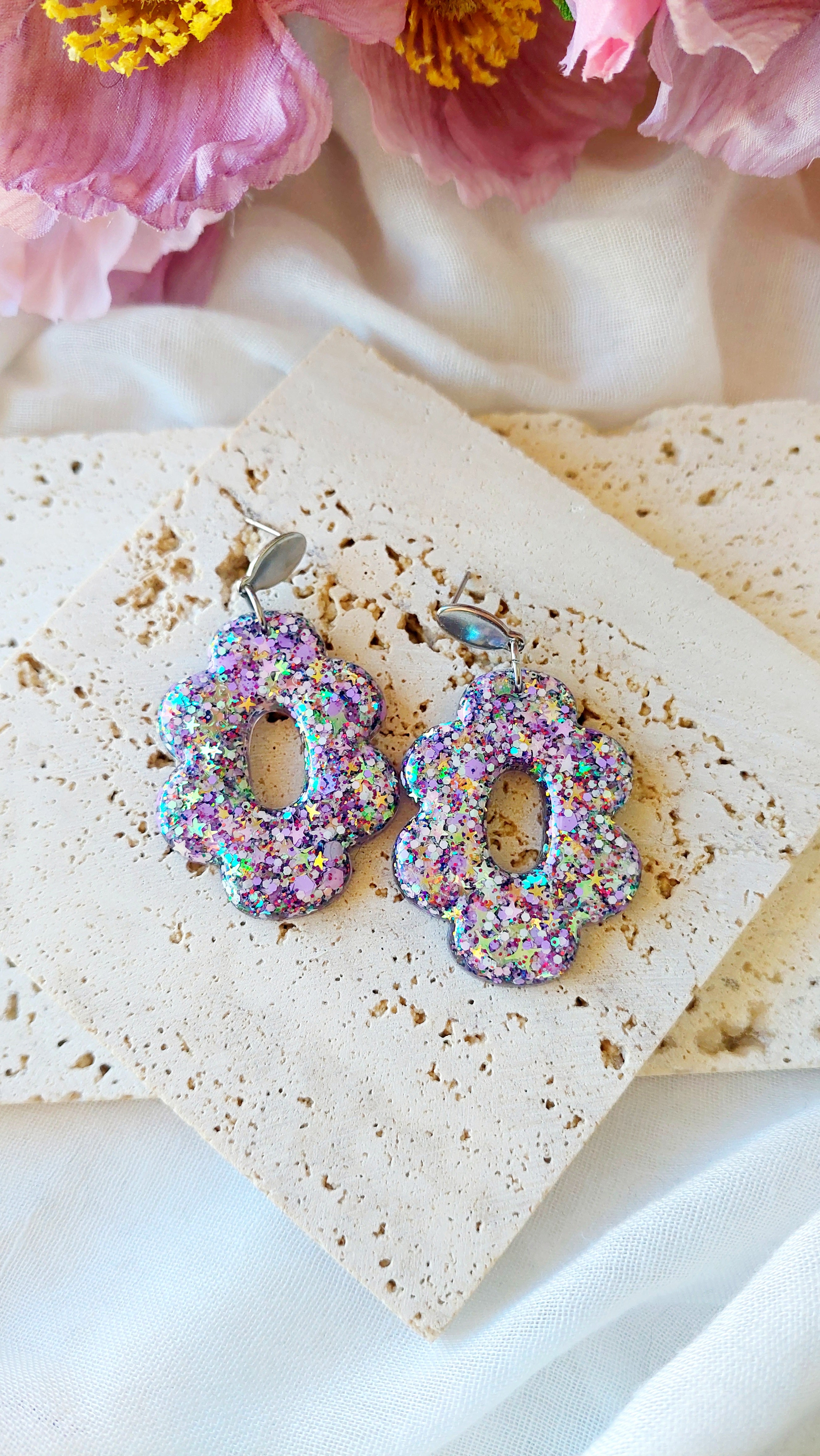 Glitter Resin Flower Dangle Earrings