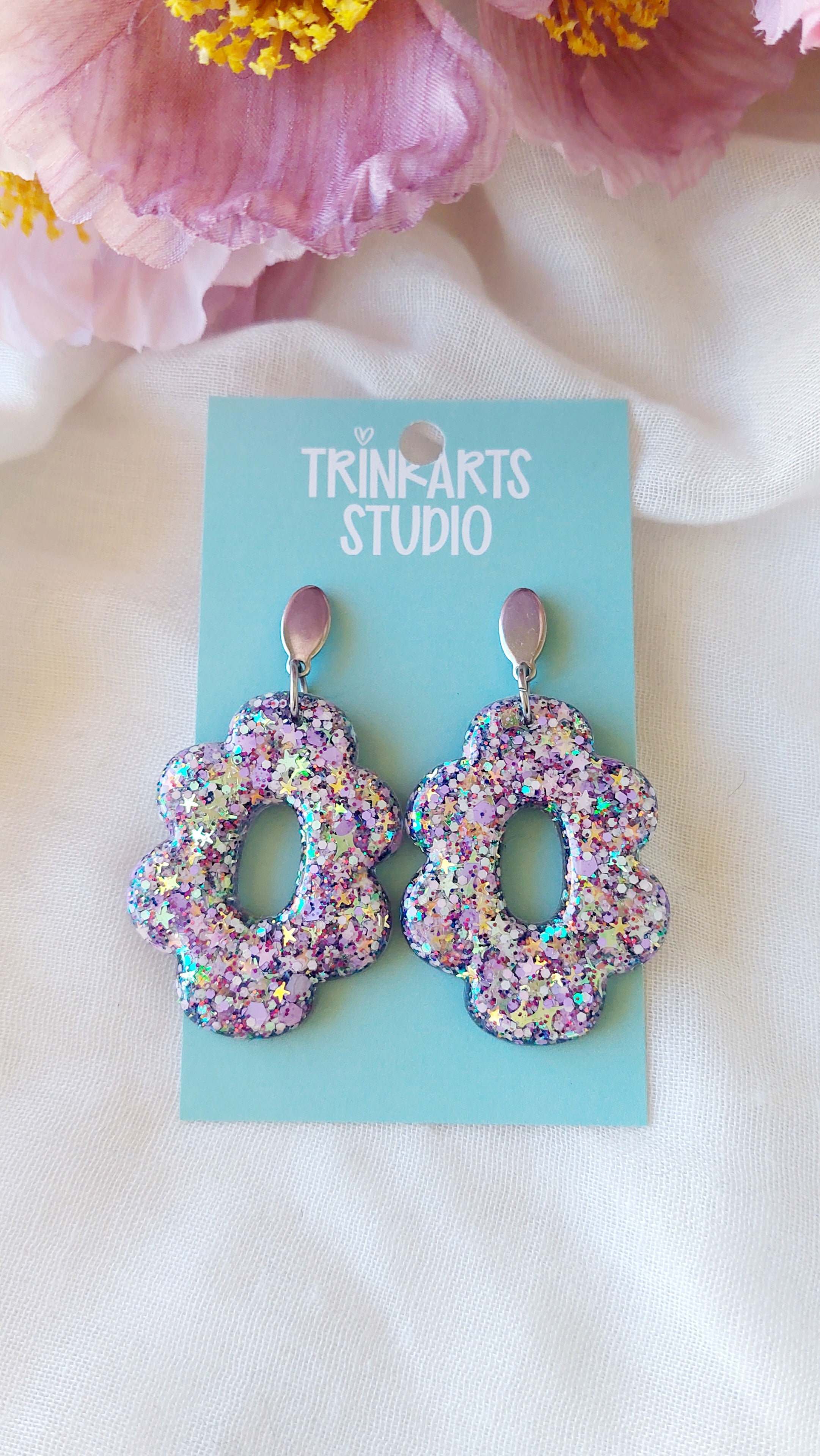 Glitter Resin Flower Dangle Earrings