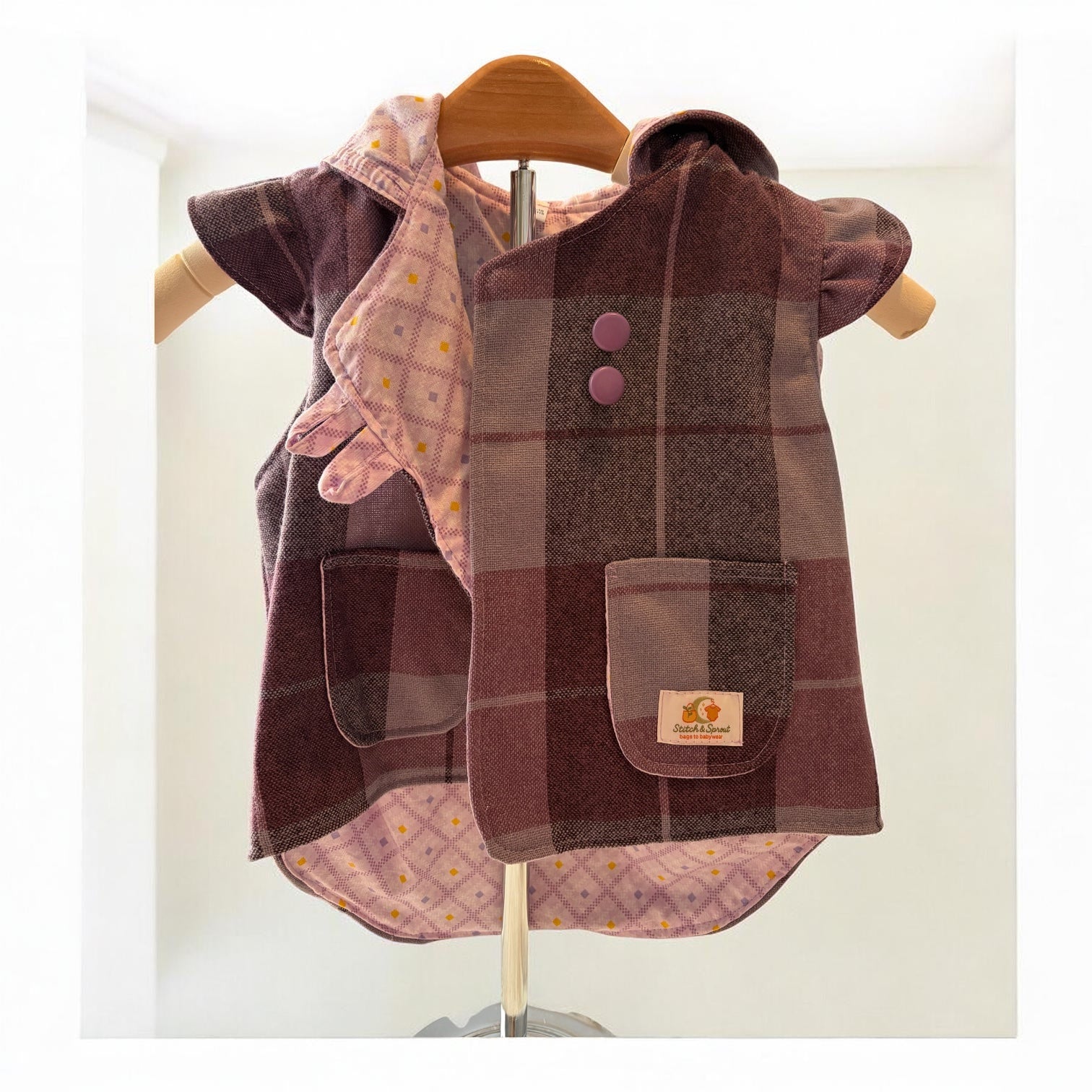 Purple Check Upcycled Pure Wool Vest 12-18 mths