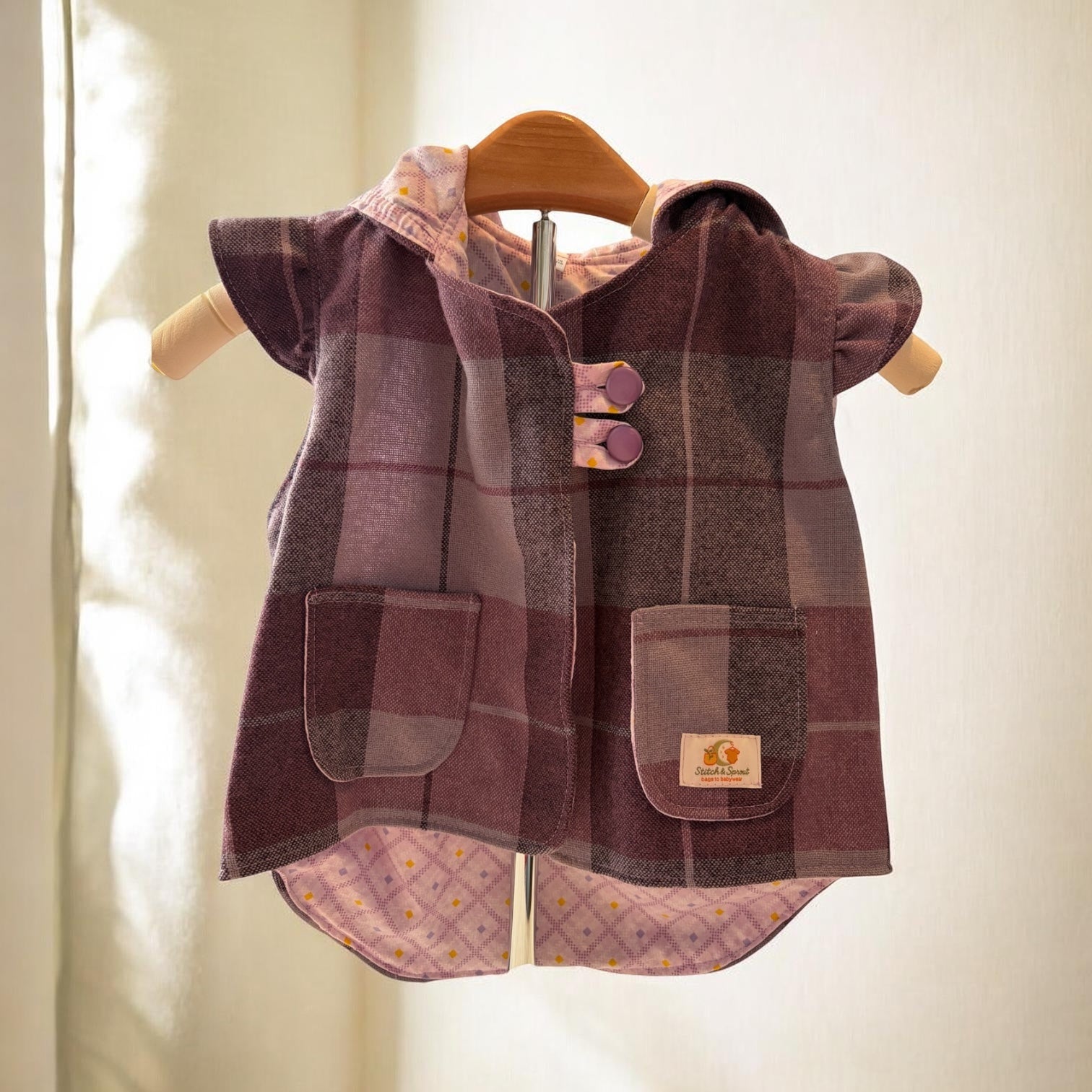 Purple Check Upcycled Pure Wool Vest 12-18 mths