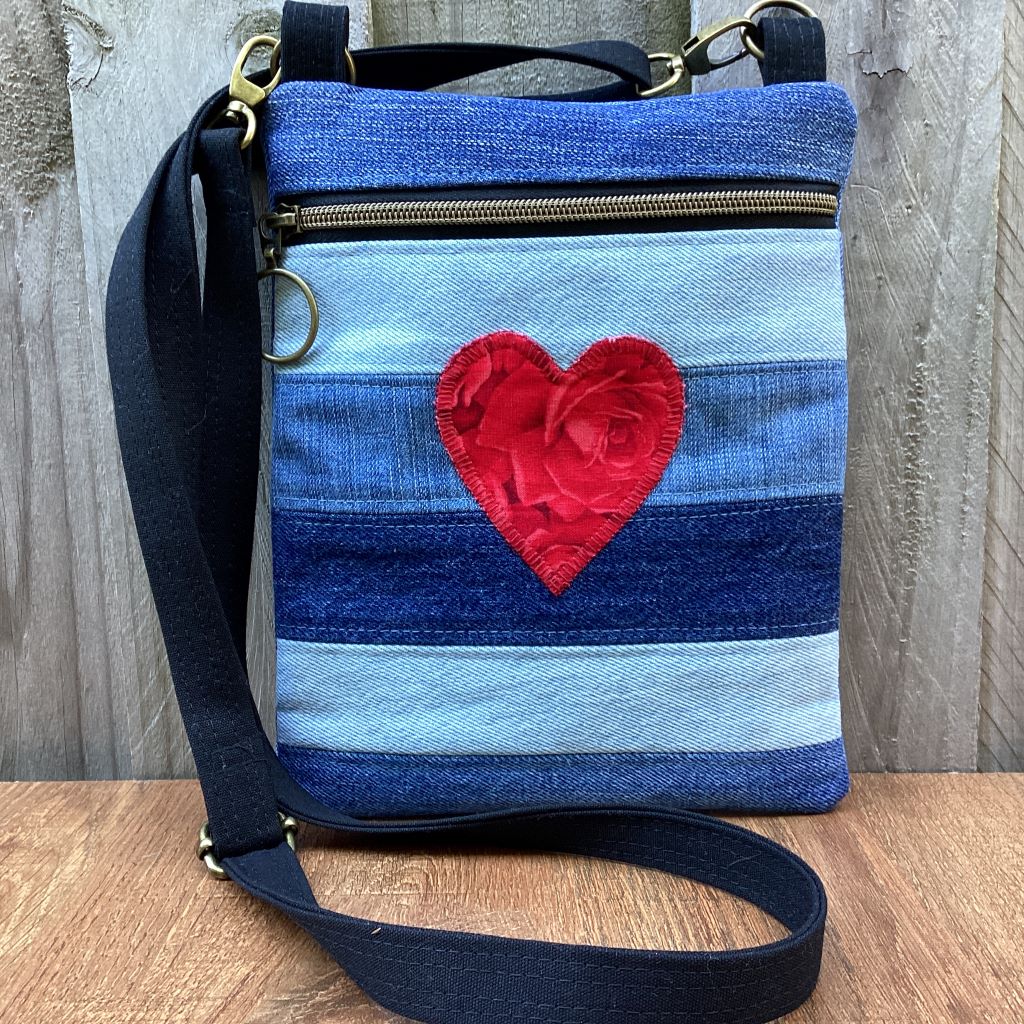 Upcycled Denim Crossbody Bag - Red Rose Heart