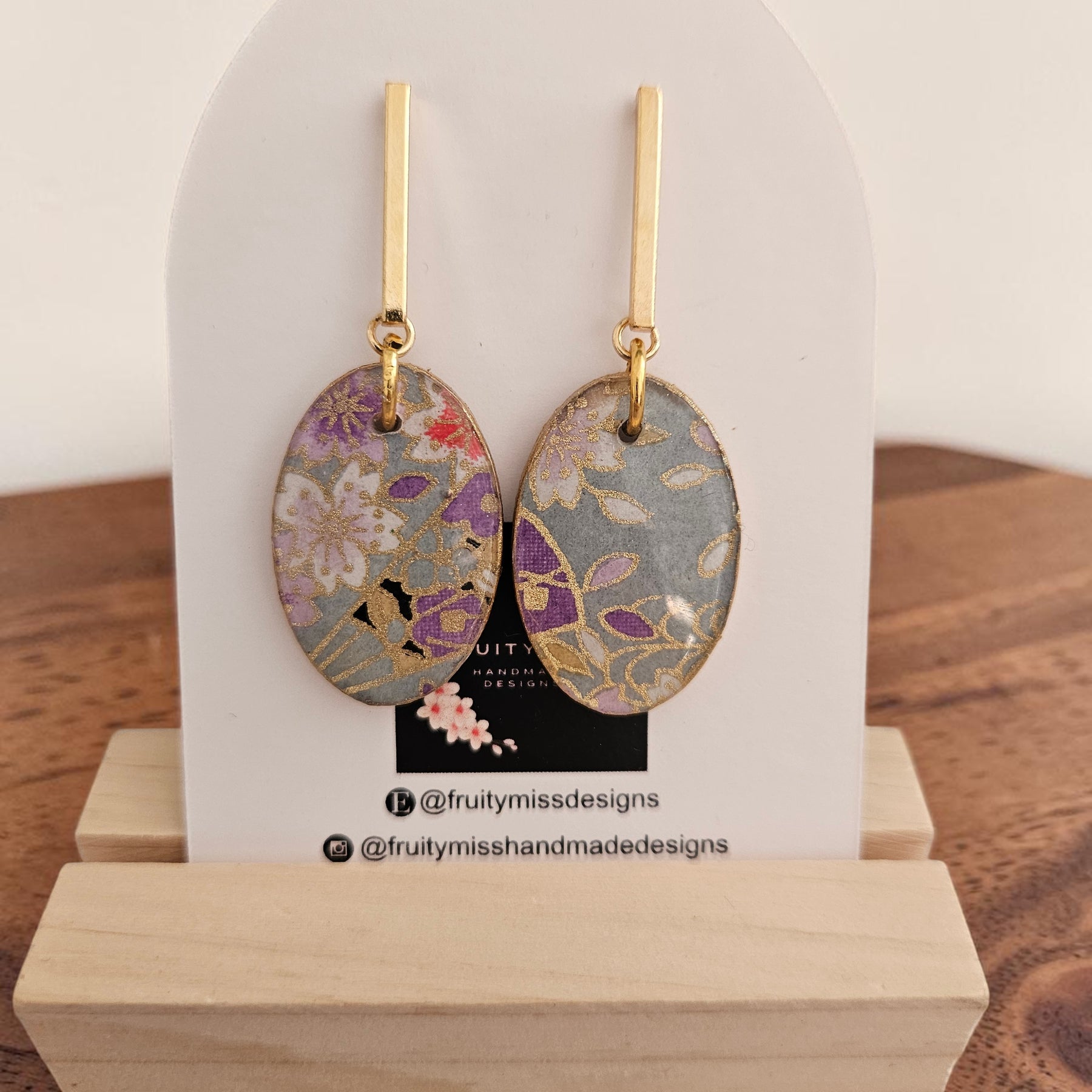 Unique Japanese Chiyogami Paper Earrings - Grey Blue Purple Floral Print