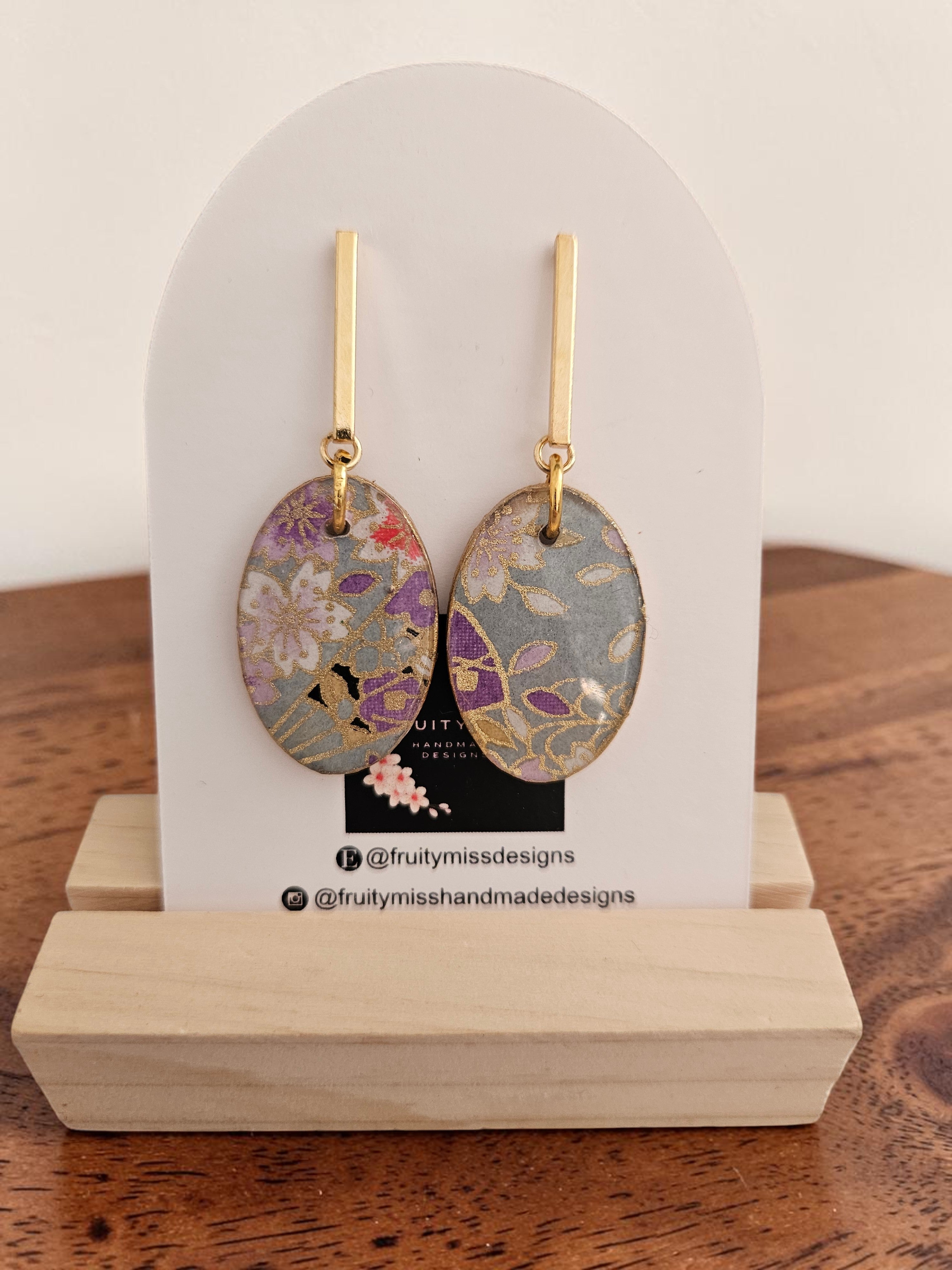 Unique Japanese Chiyogami Paper Earrings - Grey Blue Purple Floral Print