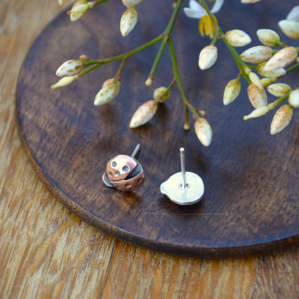 Copper and Silver Ladybird Stud Earrings