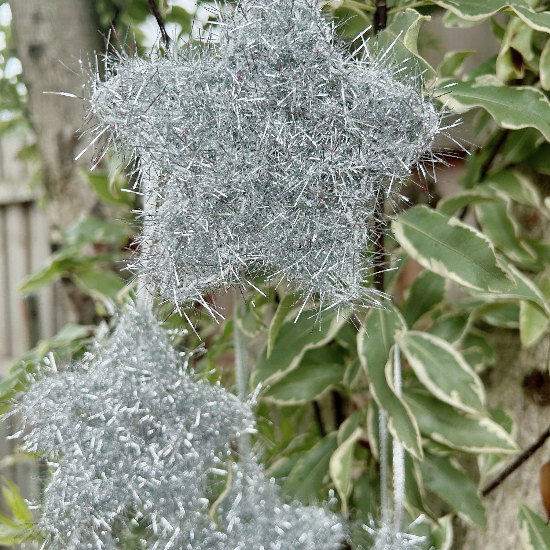 Handmade Crochet Silver Tinsel Christmas Star Ornaments – Set of 5