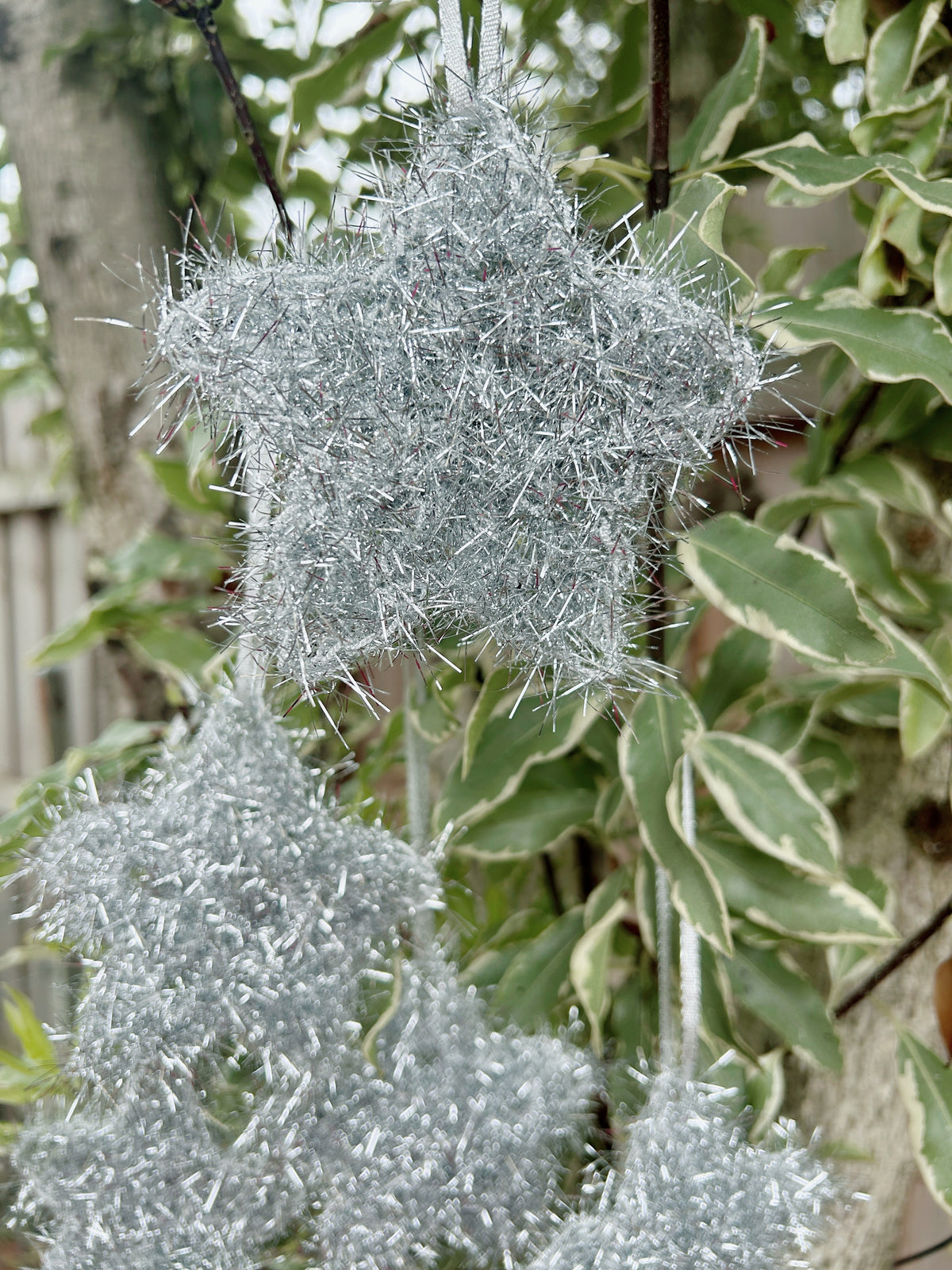 Handmade Crochet Silver Tinsel Christmas Star Ornaments – Set of 5
