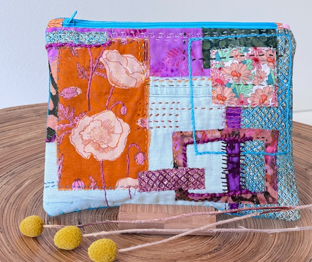 Zipper Pouch - Textile Collage - Flower Power