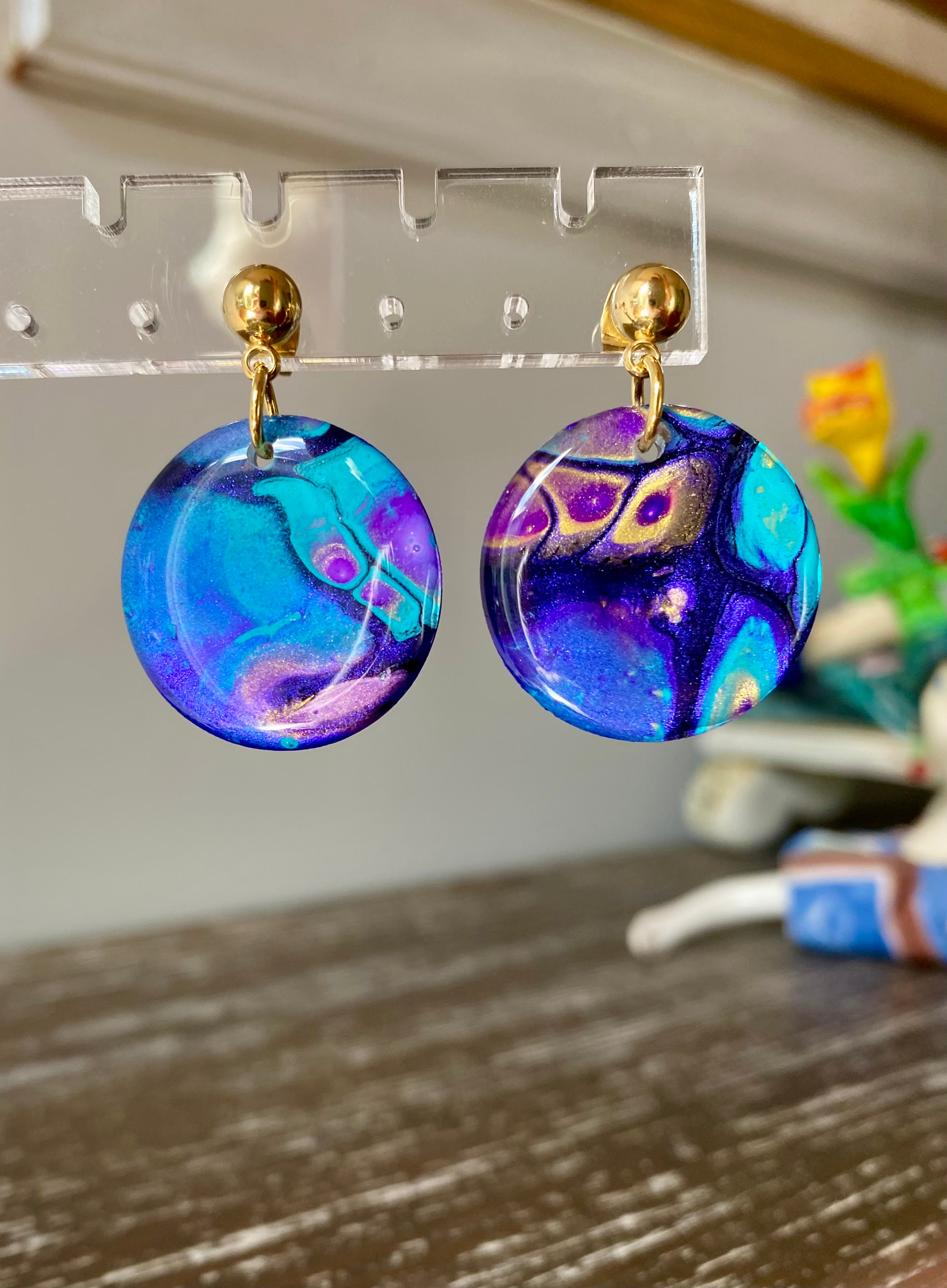 Turquoise Purple Stud Dangle Earrings