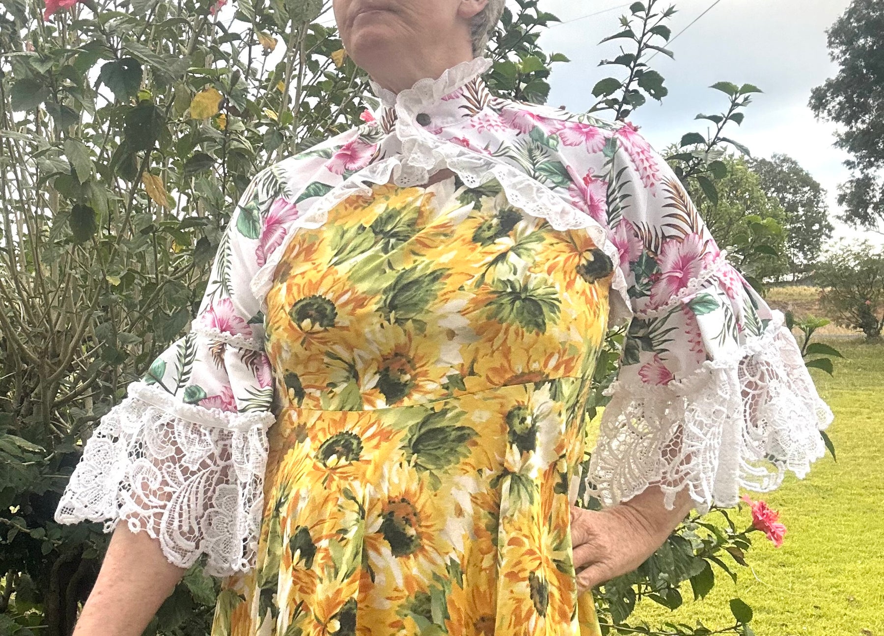 Upcycled Pink Hibiscus Bolero 3/4 Lace Sleeves
