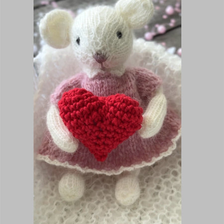 White Knitted Mouse in the Pink Dress with Red Heart