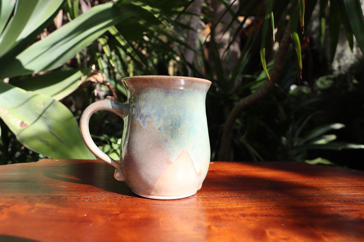 Large stoneware coffee mugs in misty green over cream glaze, hand made tea mugs