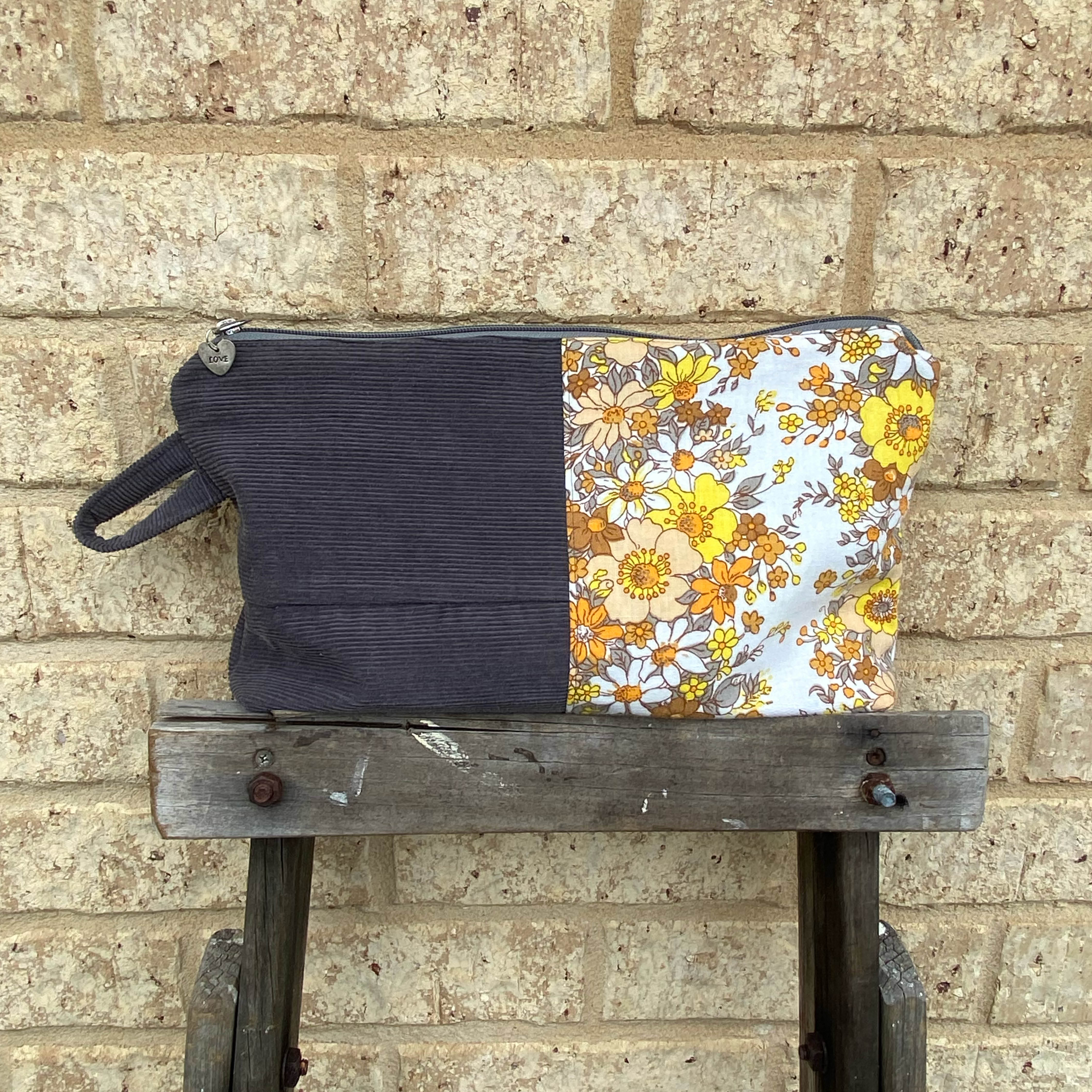 Wildflower Cord Pouch Cosmetic Everyday Bag Upcycled Vintage Fabrics & Denim